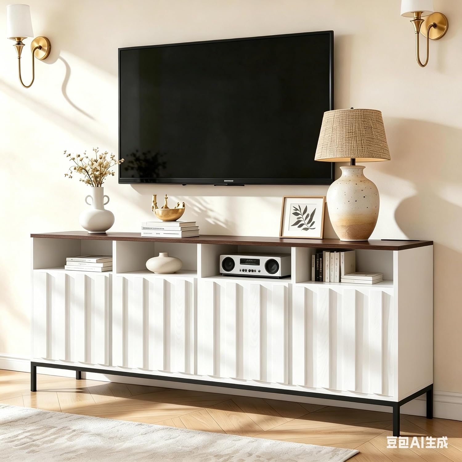 COCO DESIGN 70' Fluted TV Stand with Power Outlet for TVs up to 80', Modern Entertainment Center with Adjustable Shelves, Media Console Table with Storage for Living Room, White
