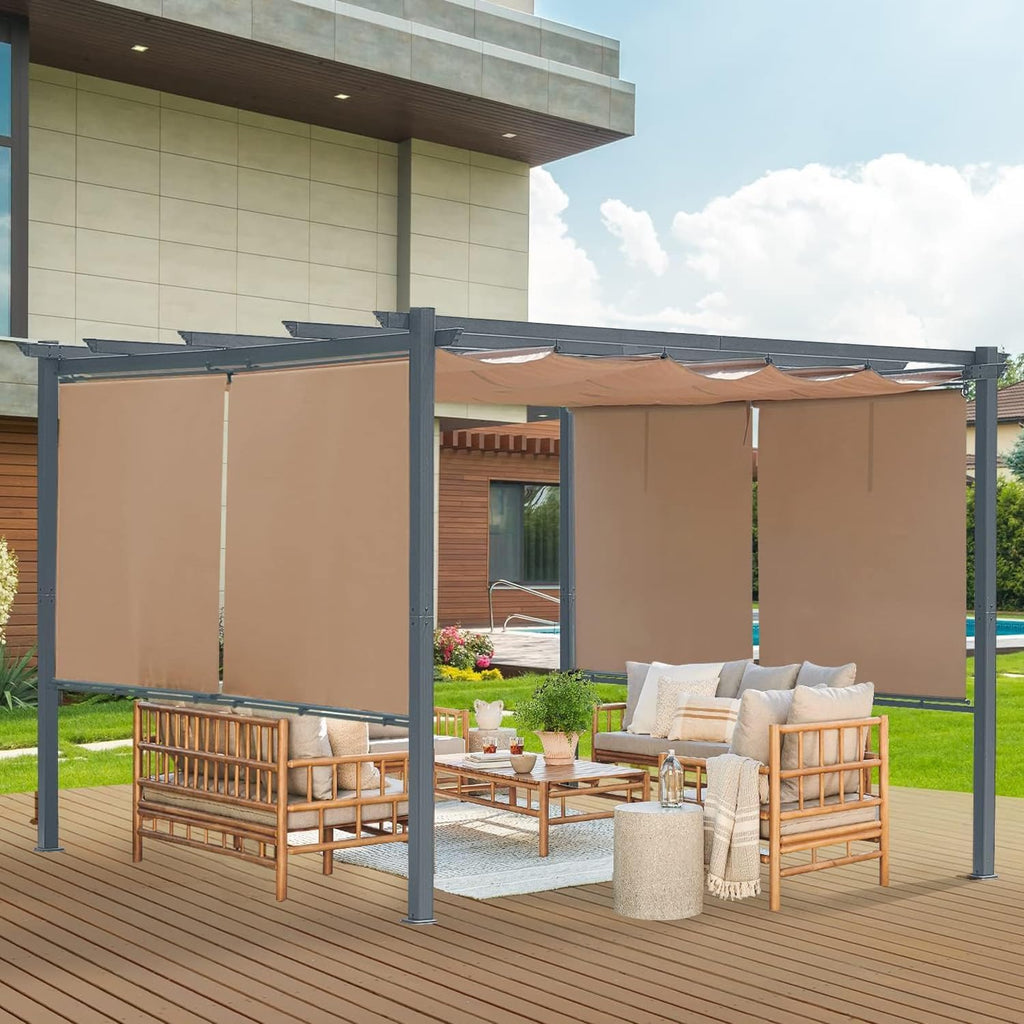 Aoodor 10 x 12 ft Outdoor Pergola with Retractable Shade Canopy, Matte Aluminum Frame, 4 Roller Shade Curtains, Grape Trellis for Patio, Backyard, Garden, and Deck, Brown