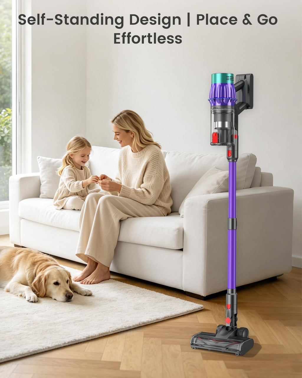 Cordless Vacuum Cleaner, 650W 55KPA 70Min Wireless Vacuum for Home, Stick Vacuum with Green Light Anti-Tangle, Rechargeable Vacuum Cleaners for Pet Hair Carpet Hard Floors （Purple）