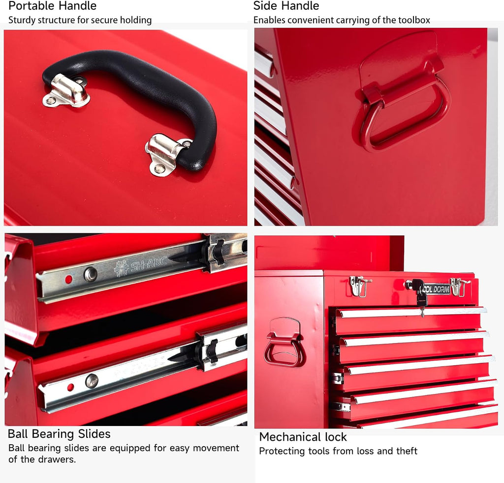 Metal Tool Box with 5 Drawers Portable Steel Tool Chest with Metal Cylinder Lock and Latch Closure, Liner, Red Powder coating, suitable for Garage, Warehouse and Outdoor Repair job