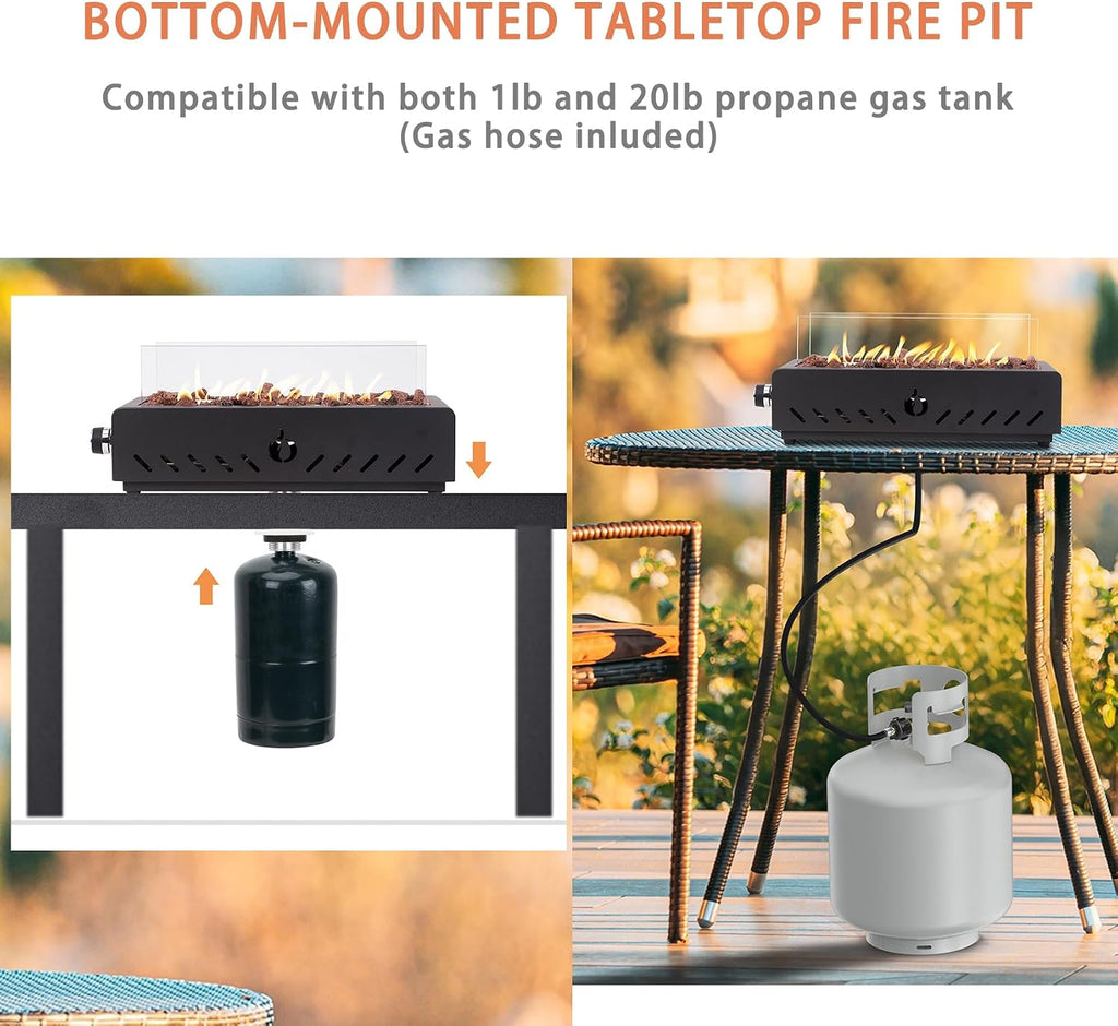 18' Tabletop Propane Gas Fire Pit Bottom-mounted for Table with Umbrella Hole, Portable Smokeless Firepit with Glass Wind Guard for Patio Backyard Camping RV Tailgating, #FP027