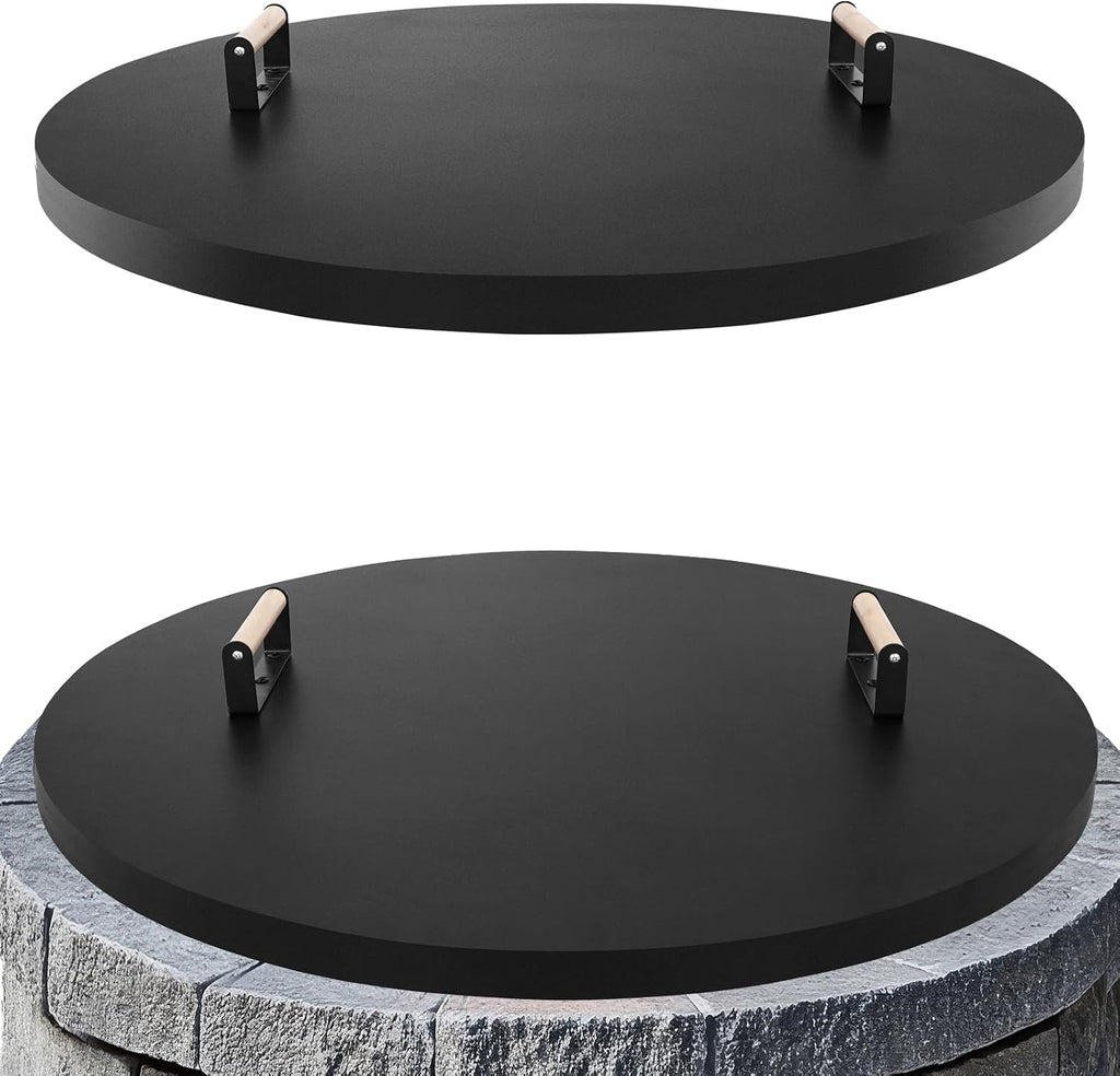 Fire Pit Lid Cover Round - 34' Rust Resistant Powder Coated Steel Firepit Cover or Table with 2 Wooden Handles for Patio Fire Pit, Weatherproof for All Seasons, Fits Fire Pits Up to 32'