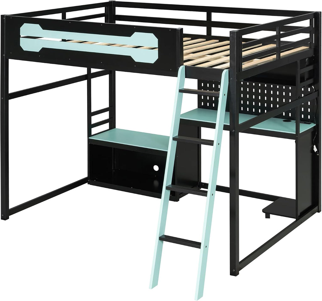 Harper & Bright Designs Full Size Wood Gaming Loft Bed with Desk and Storage Shelves, Modern Low Loft Bed Frame with LED Lights, USB Ports and Pegboard for Kids Teens Adults, Black+Blue