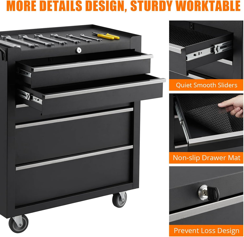 5-Drawer Rolling Tool Chest on Wheels, 24 Inch Compartment Tool Box with Drawers & Lock, Metal Tool Cart Storage Cabinet for Garage, Warehouse, Workshop, Repair Shop