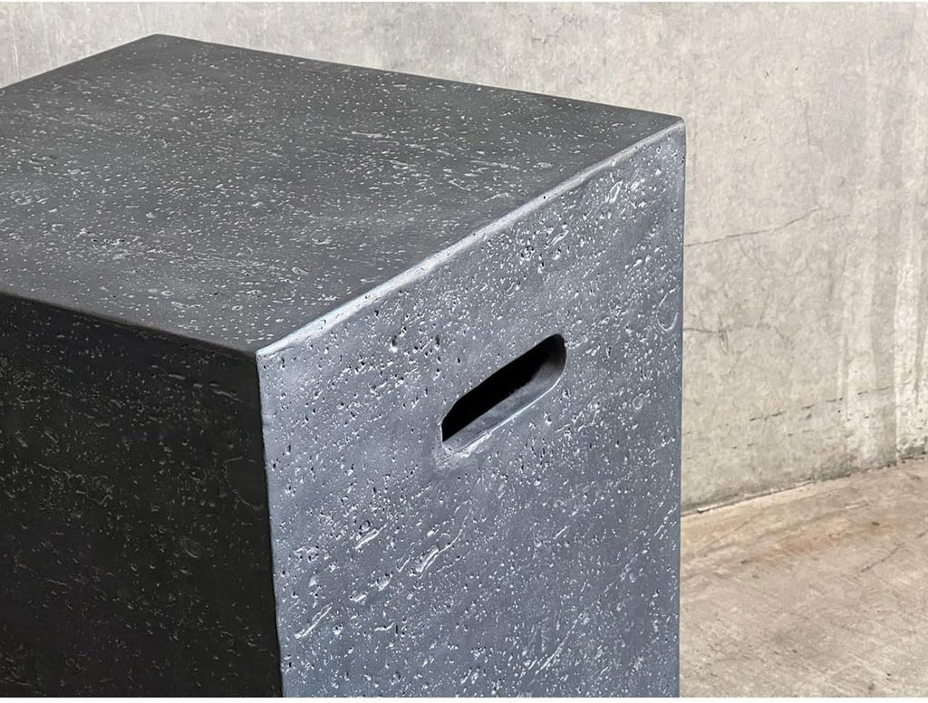 AMS Fireplace | Elementi Square Travertine Dark Gray 20 lbs Propane Tank Cover | Concrete GFRC Base | Dimensions: 15.7 x 15.7 x 20 inches | Perfectly Matches with Cannes Fire Pit Table.