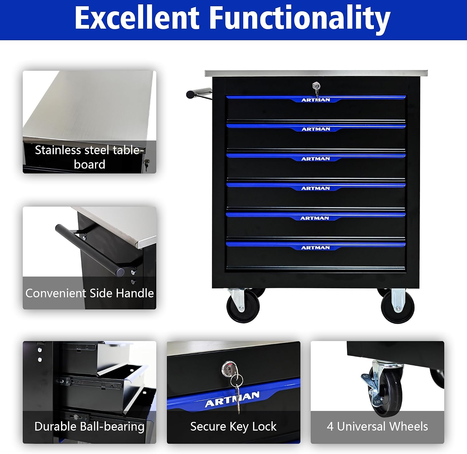 6 Drawers Rolling Tool Chest Cart PLUS ,Tool Storage Cabinet With 4 Wheels.Tool Cabinet Trolley With Locking System and Stainless Steel Countertops.Tool Storage Cart for Garage,Workshop,Warehouse