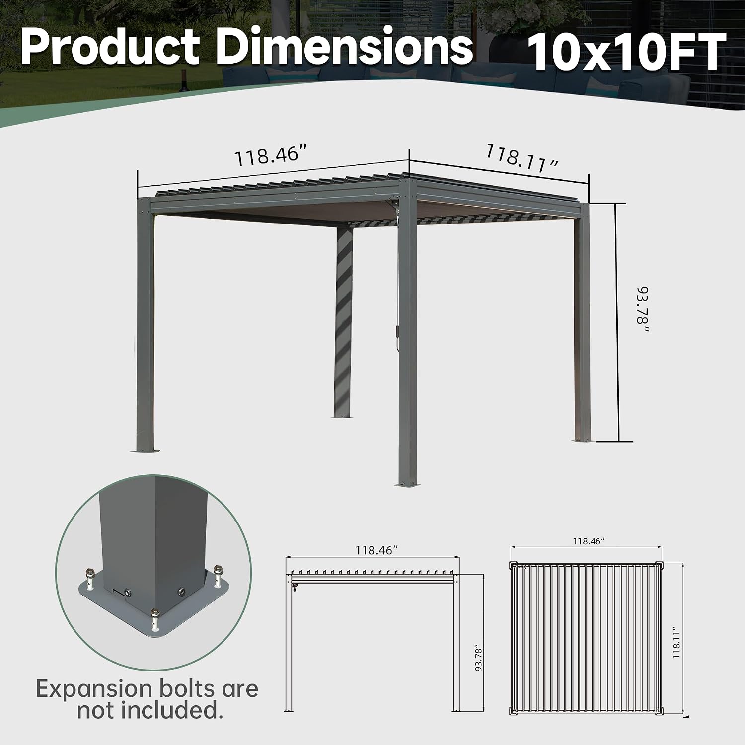 Domi Outdoor Pergola 10' x 10' Aluminum Louvered Pergola with Adjustable Roof, Aluminum Frame, Efficient Drainage System for Patio, Deck, Garden, Yard, Gray