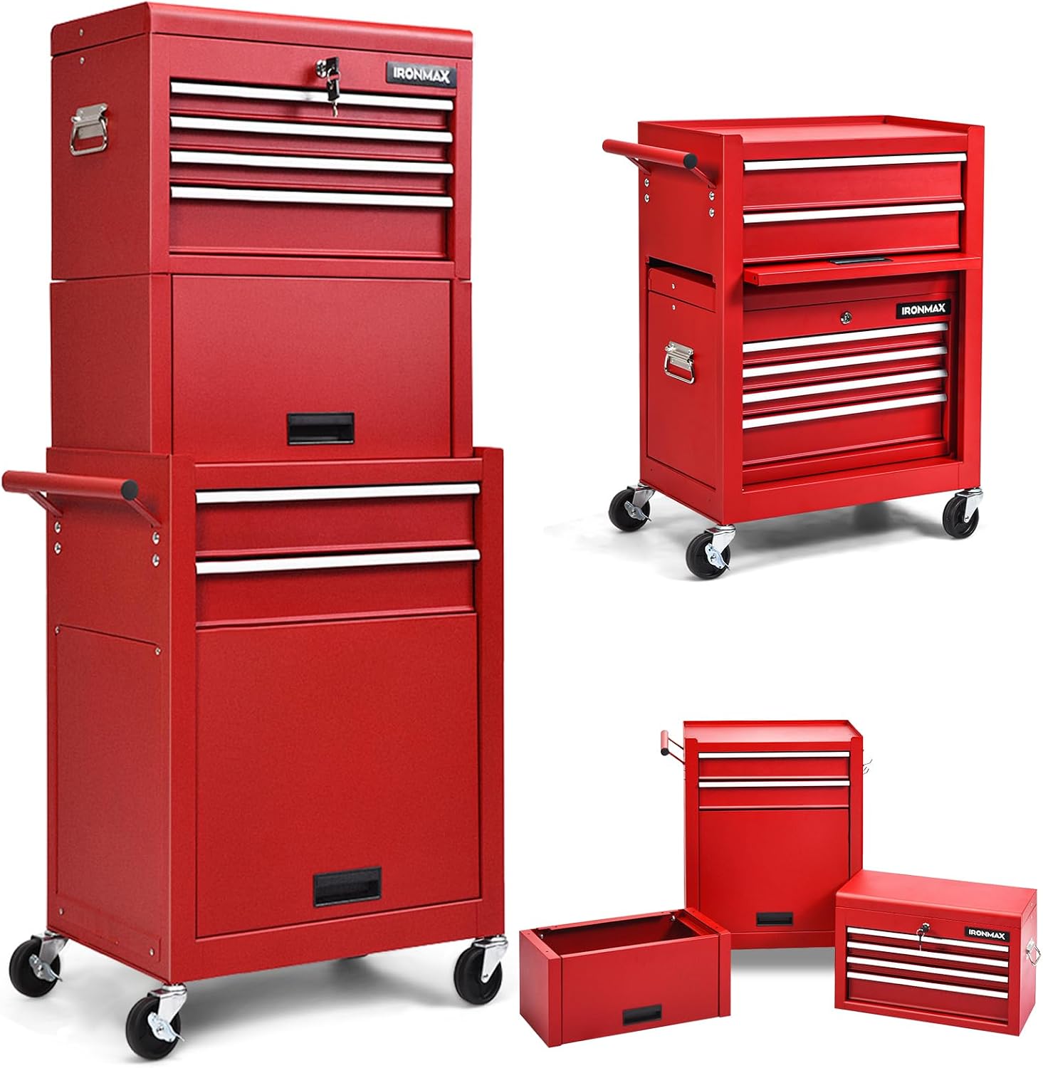 IRONMAX Tool Cabinet on Wheels, 6-Drawer Lockable Rolling Tool Chest w/ 4 Universal Wheels, 2 in 1 Detachable Tool Box Storage Organizer for Garage Workshop Repair Shop, Red
