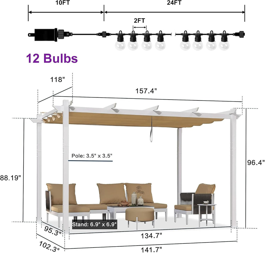 PURPLE LEAF 10' x 13' Outdoor Aluminum Pergola White Heavy-Duty Retractable Pergolas Patio Metal Pergola with Double Sun Shade Canopy and Light for Backyard Gardens Deck, Khaki