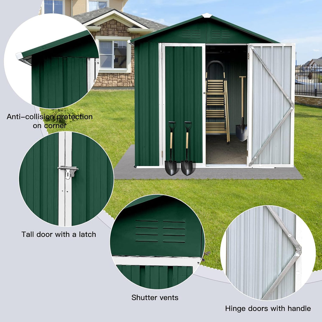 6 x 4 FT Metal Storage Shed, Outdoor Storage Shed with Lockable Door & Apex Roof, Durable Hinged Door for Garden, Backyard, Lawn, and Utility Storage, Shutter Vents, Weather-Resistant, Green and White