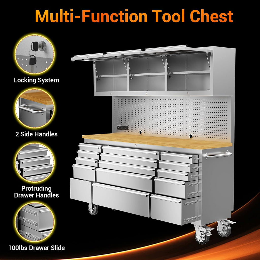 CHETTO C 72-inch Rolling Tool Chest Cabinet Mobile Workbench with 15 Storage Drawers and Wheels 3 Upper Cabinet Outlet SS Pegboard Stainless Steel Tool Box for Garage Warehouse