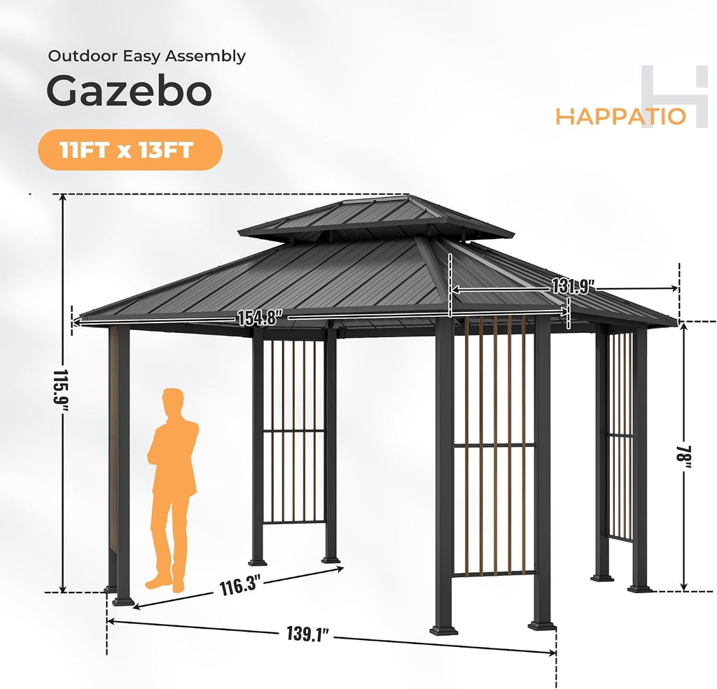 HAPPATIO 11' x 13 Outdoor Octagon Gazebo, Outdoor Pavilion Hardtop Gazebo with Double Tiered Ventilated Roof, Dual Rails and Ceiling Hook for Patio, Garden, Backyard Shade
