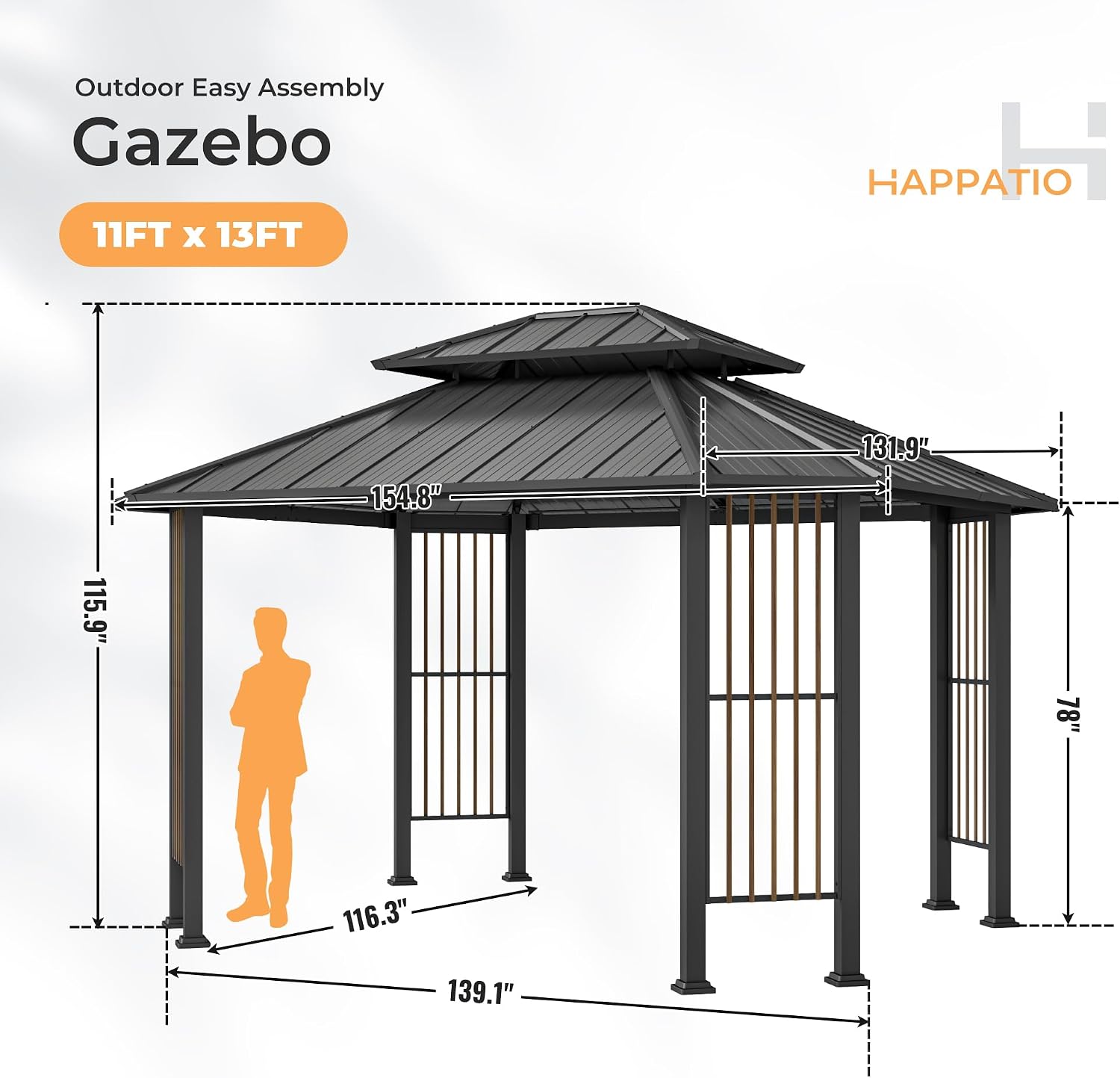 HAPPATIO 11' x 13 Outdoor Octagon Gazebo, Outdoor Pavilion Hardtop Gazebo with Double Tiered Ventilated Roof, Dual Rails and Ceiling Hook for Patio, Garden, Backyard Shade