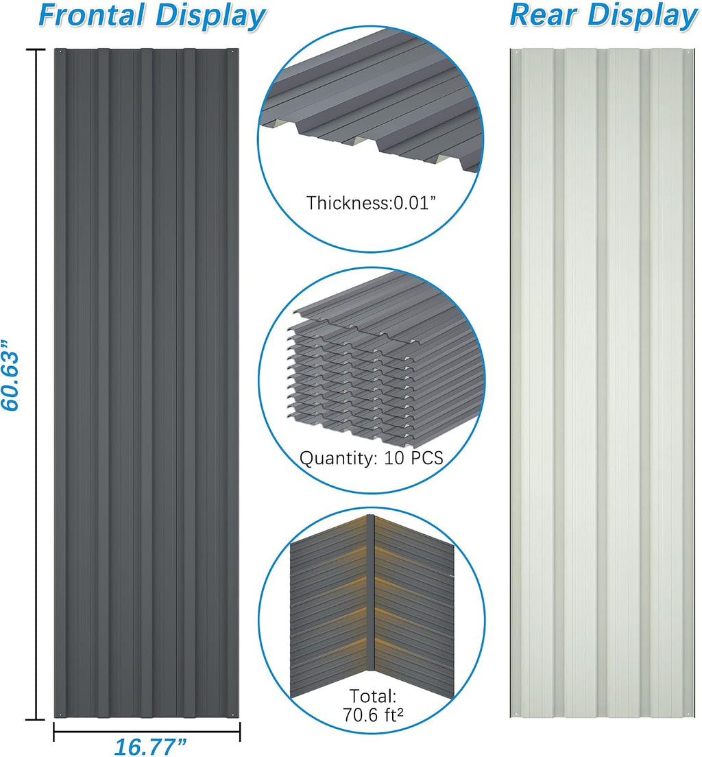 Roof Panels 10 pcs L60.63×W16.77 inch Galvanized Steel, Metal Corrugated Tin Roofing Panels Gazebo Top Cover Heavy Duty Roof Replacement for Patio Outdoor Garden, Grey