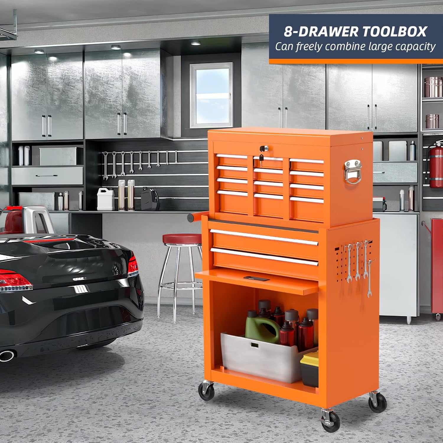 8-Drawer Rolling Tool Box, Lockable Rolling Tool Chest with Wheels and Drawers, 2 in 1 Large Capacity Storage Tool Cabinet for Warehouse, Garage, Tool Room and Repair Shop (Orange)