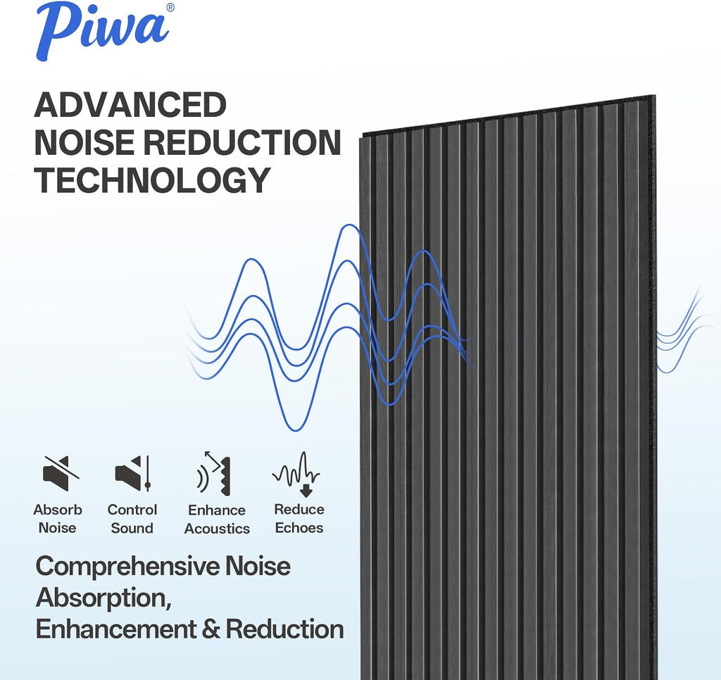 PIWA Acoustic Wall Panels 47' x 24' 4 Pack, Wood Panels for Wall Sound Dampening Slat Paneling with MDF Surface and Sound-Absorbing Core for Interior Decor, Home, Office and Gaming Room (Matte Black)
