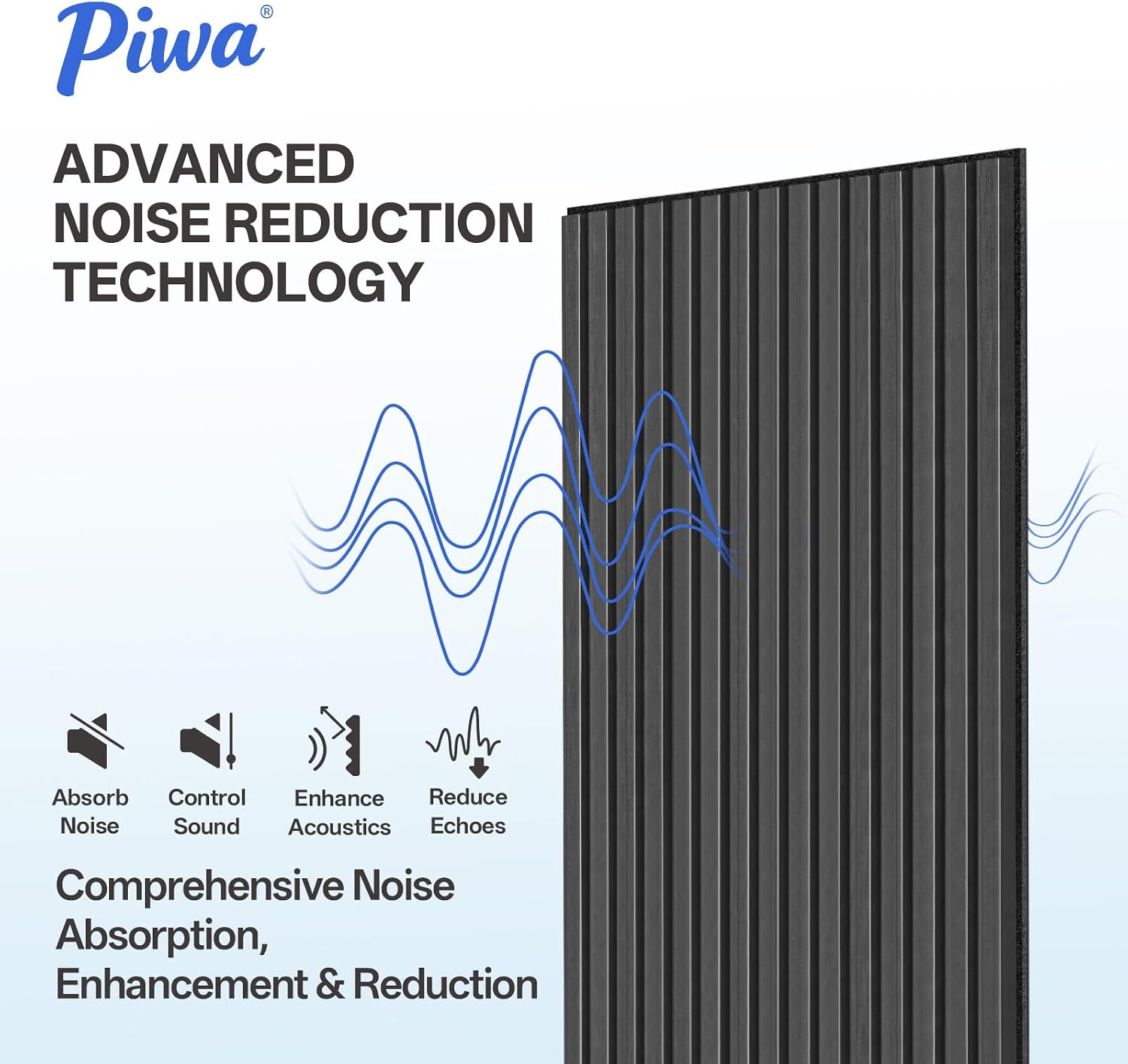 PIWA Acoustic Wall Panels 47' x 24' 4 Pack, Wood Panels for Wall Sound Dampening Slat Paneling with MDF Surface and Sound-Absorbing Core for Interior Decor, Home, Office and Gaming Room (Matte Black)