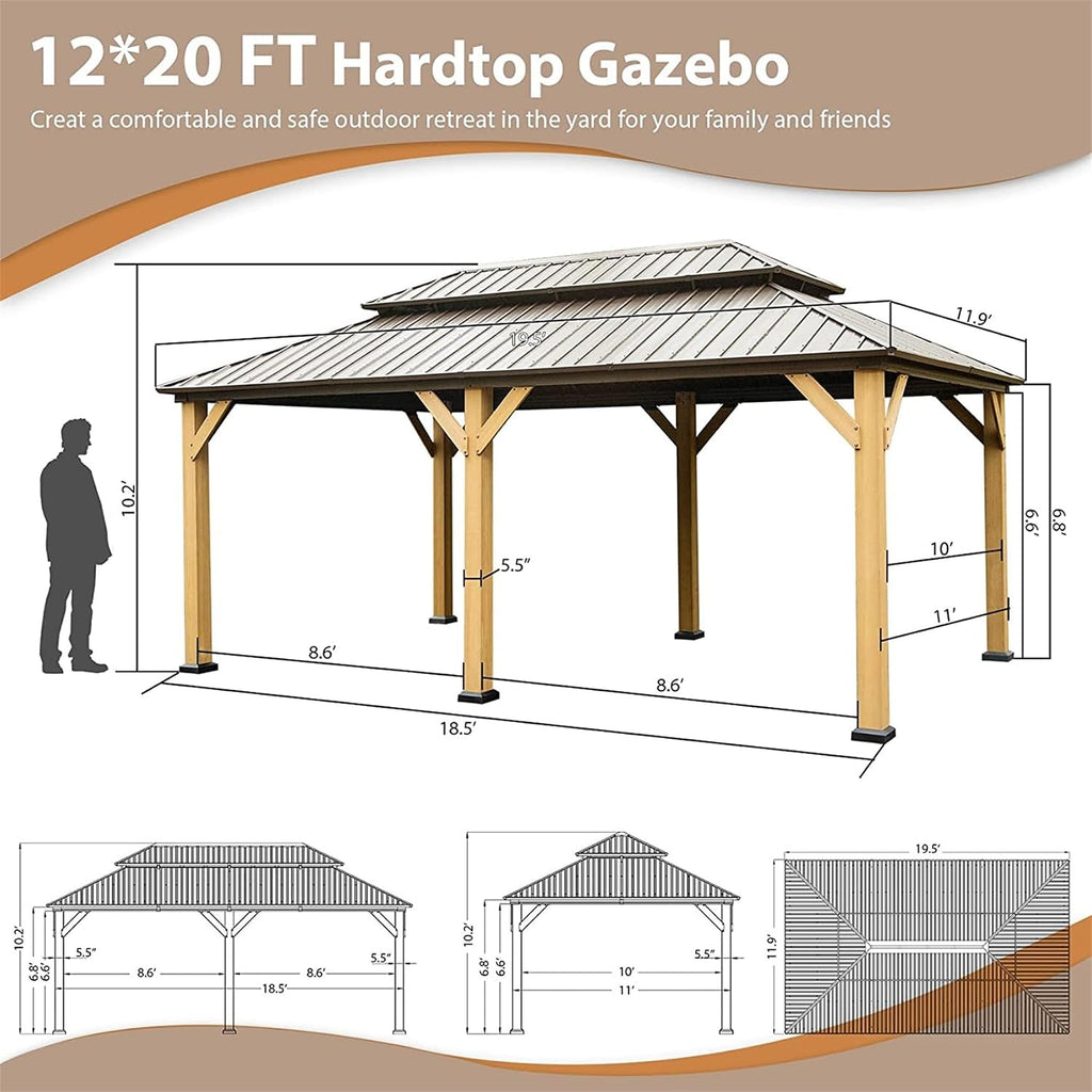 12'x20' Hardtop Gazebo with Cedar Wood Frame, Outdoor Wood Gazebo with Galvanized Steel Double Roof, Permanent Metal Roof Gazebo with Curtains and Netting for Patio, Backyard and Lawn(Brown)