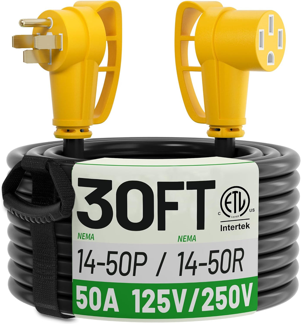 POWGRN NEMA 14-50P to NEMA 14-50R 50 Amp RV/EV Extension Cord 30 FT Outdoor with Grip Handle, Flexible Heavy Duty RV Power Cord Waterproof, 50A 125/250V 6250/12500W STW, Black-Yellow, ETL Listed