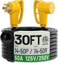 POWGRN NEMA 14-50P to NEMA 14-50R 50 Amp RV/EV Extension Cord 30 FT Outdoor with Grip Handle, Flexible Heavy Duty RV Power Cord Waterproof, 50A 125/250V 6250/12500W STW, Black-Yellow, ETL Listed