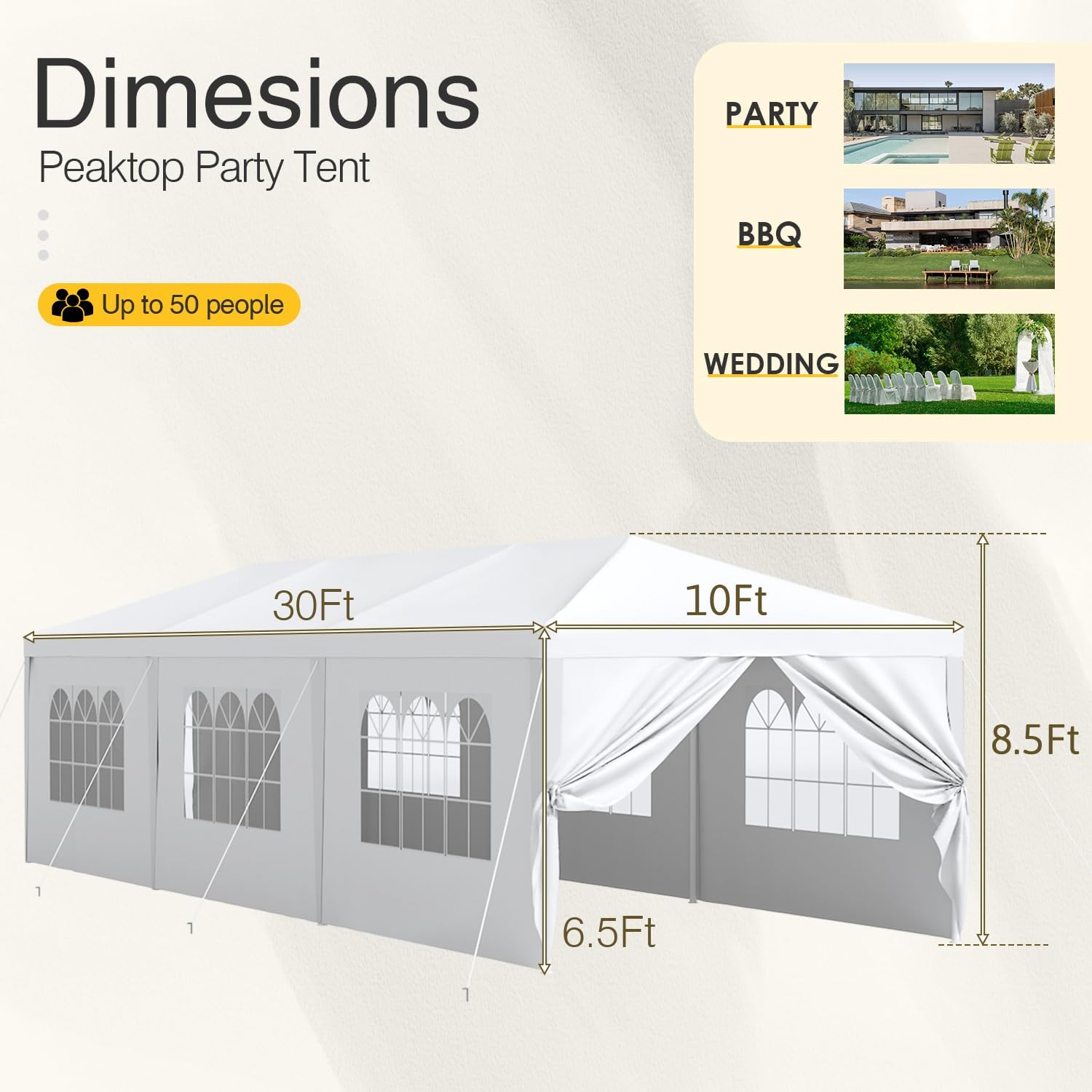Greesum 10x30 Outdoor Canopy Tent Patio Camping Heavy Duty Gazebo Shelter Party Wedding BBQ Events with Side Removable Walls, Waterproof Shelter, White