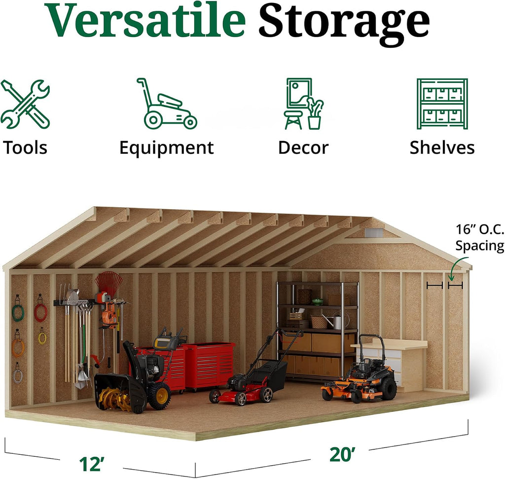 Little Cottage Co. 12x20 Classic Gable Shed with Floor, Outdoor Wood Storage Do-It-Yourself Precut Kit