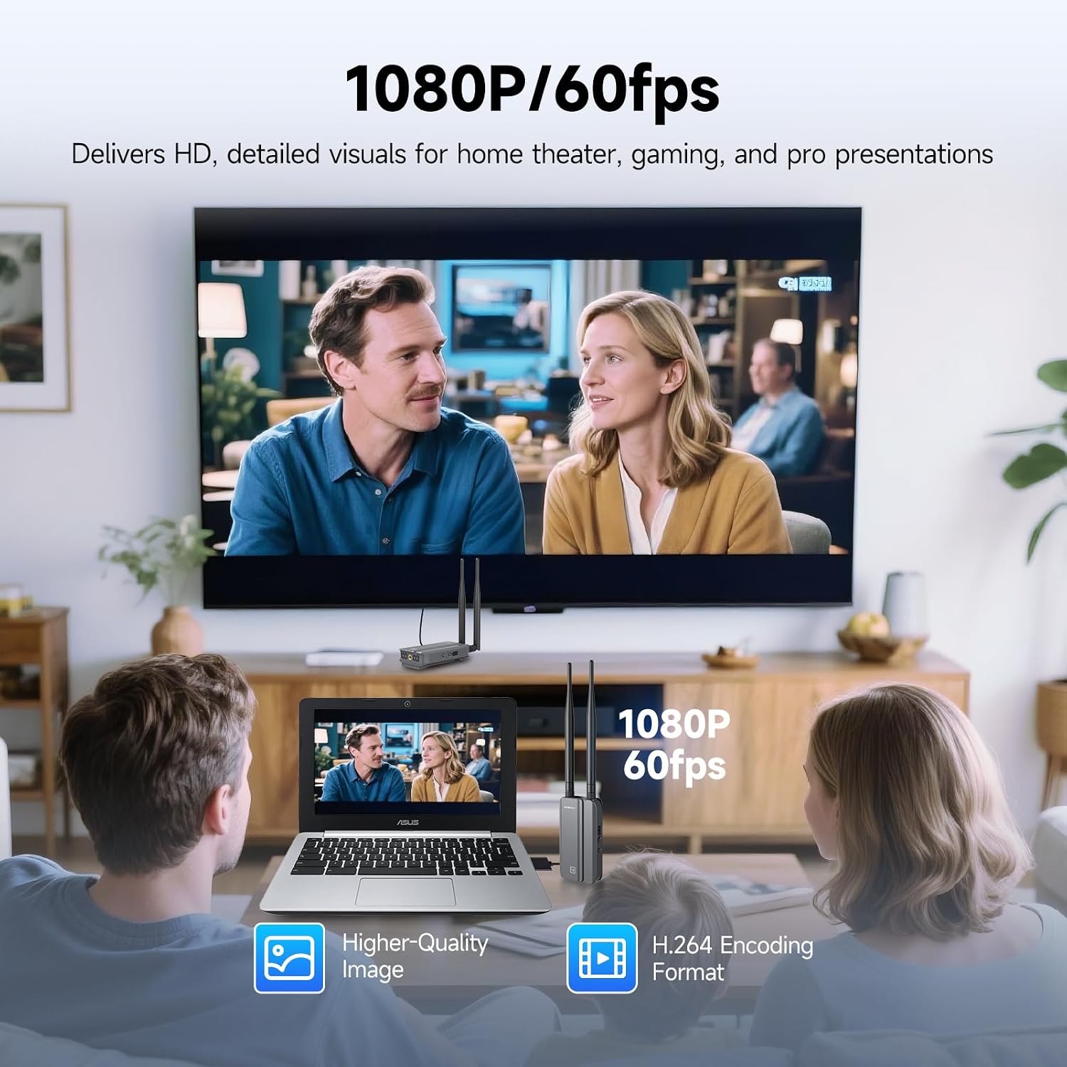 Wireless HDMI Transmitter and 2 Receiver,1080P60fps Wireless Hdmi Extender 328FT with IR, 9 Channels Auto-Tuning, Plug & Play for Gaming/Streaming from STB, PC, DVD to TV, Monitor