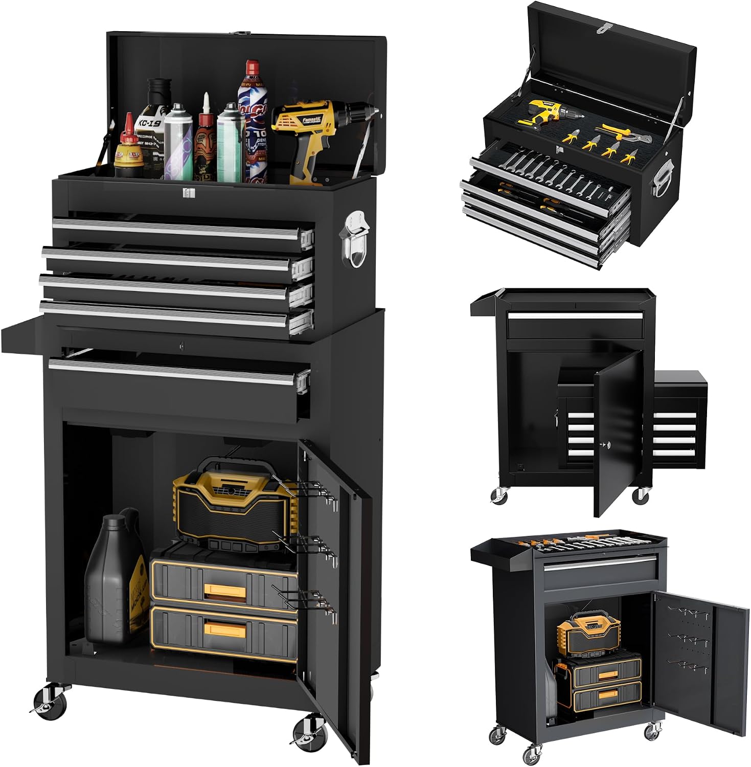 Greenvelly Metal Tool Chest,5-Drawer Black Tool Box with Wheels,2 in 1 Detachable Tool Cabinets with Liners and Locking System for Warehouse, Garage,Workshop, Barbershop