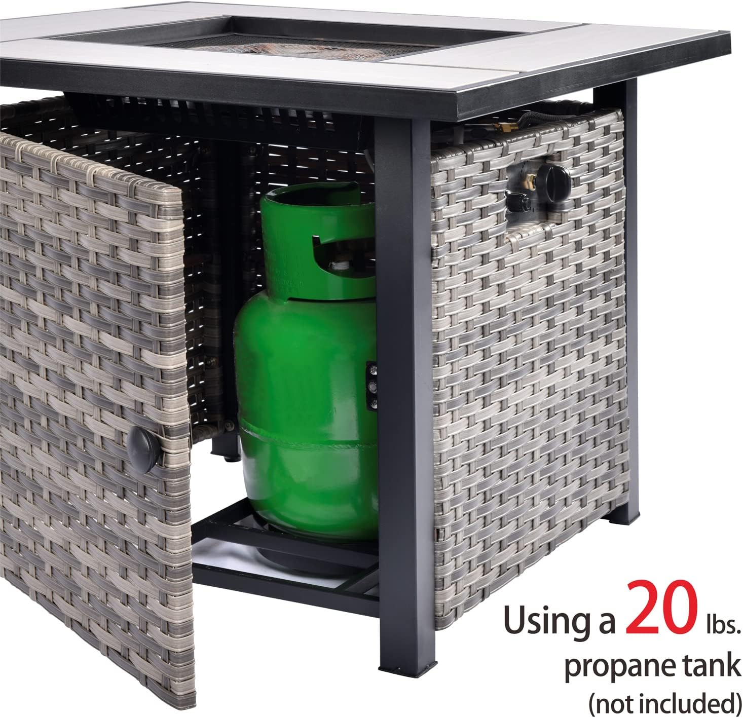 OVIOS 30' Outdoor Propane Fire Pit Table, 50,000 BTU PE Rattan Weaved Firepits with Ceramic Tabletop, Waterproof Cover, Steel Lid, Lava Rock for Patio Deck Garden, Grey