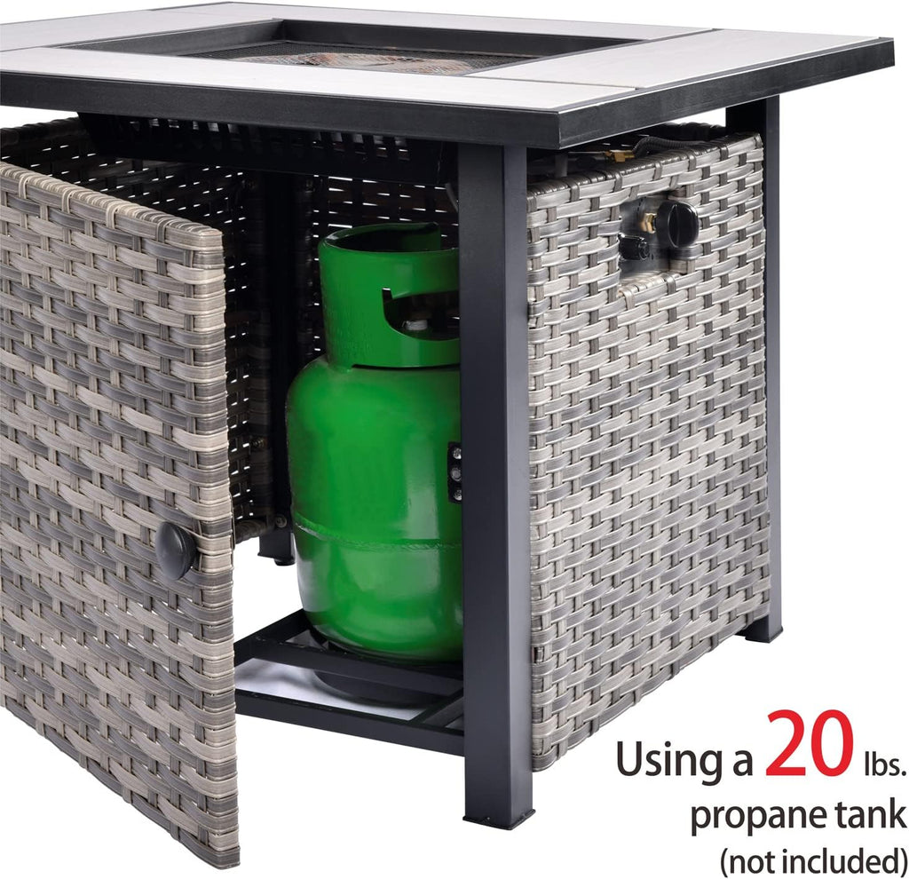 OVIOS 30 Inch Outdoor Patio Fire Pit Table, 50,000 BTU Heater PE Rattan Propane Firepits with Ceramic Tabletop, Waterproof Cover, Steel Lid and Lava Rock, Square, Grey