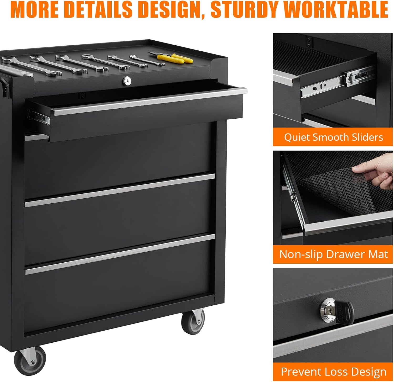 4-Drawer Rolling Tool Chest on Wheels, 24 Inch Compartment Tool Box with Drawers & Lock, Metal Tool Cart Storage Cabinet for Garage, Warehouse, Workshop, Repair Shop