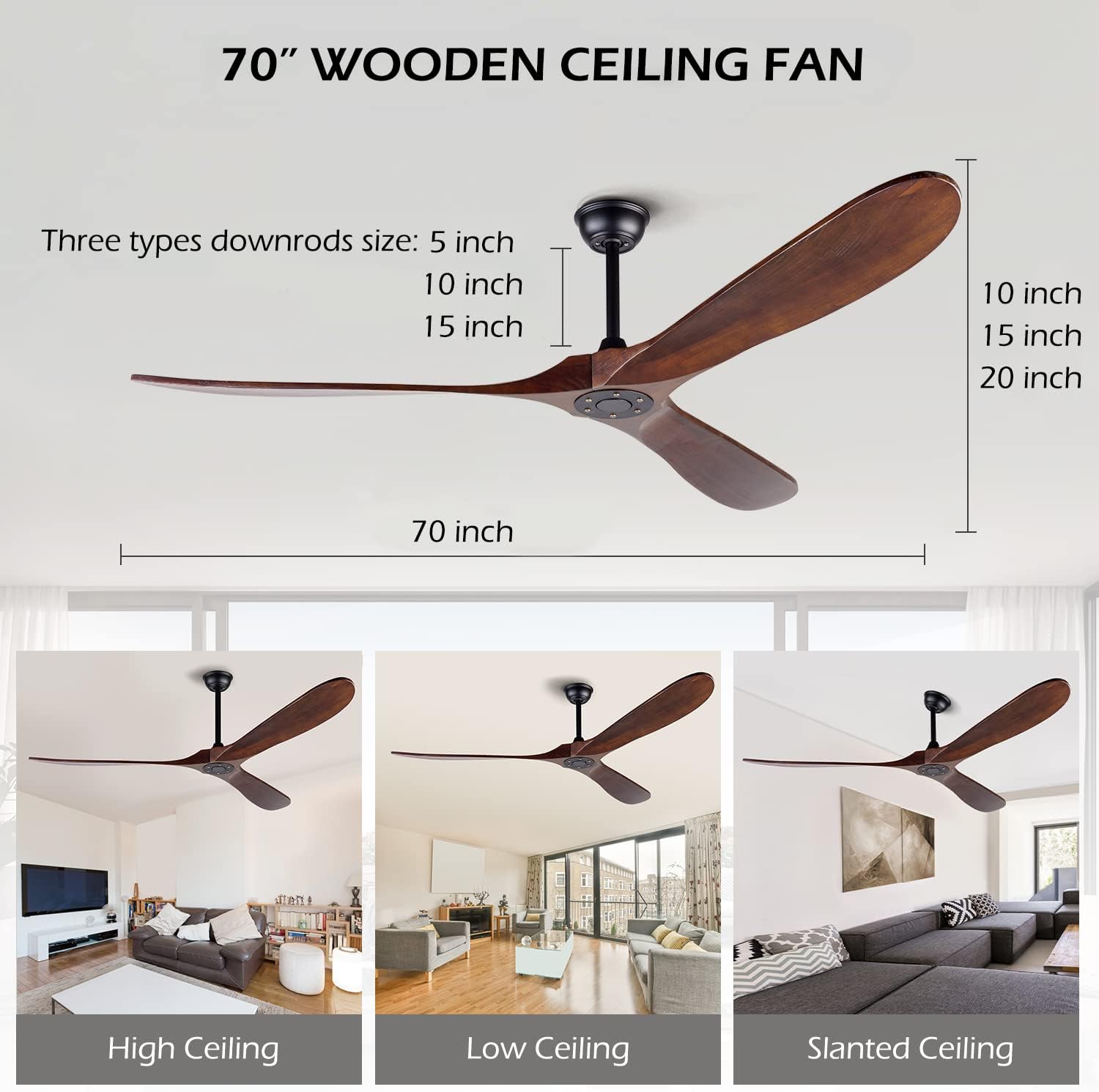 72 Inch Ceiling Fan No Light ，Wood Outdoor Ceiling Fans for Patios Living Room Garage Gazebo Mid Century Modern Exterior Extra Large Waterproof Ceiling Fan Without Light with Downrod (Walnut)