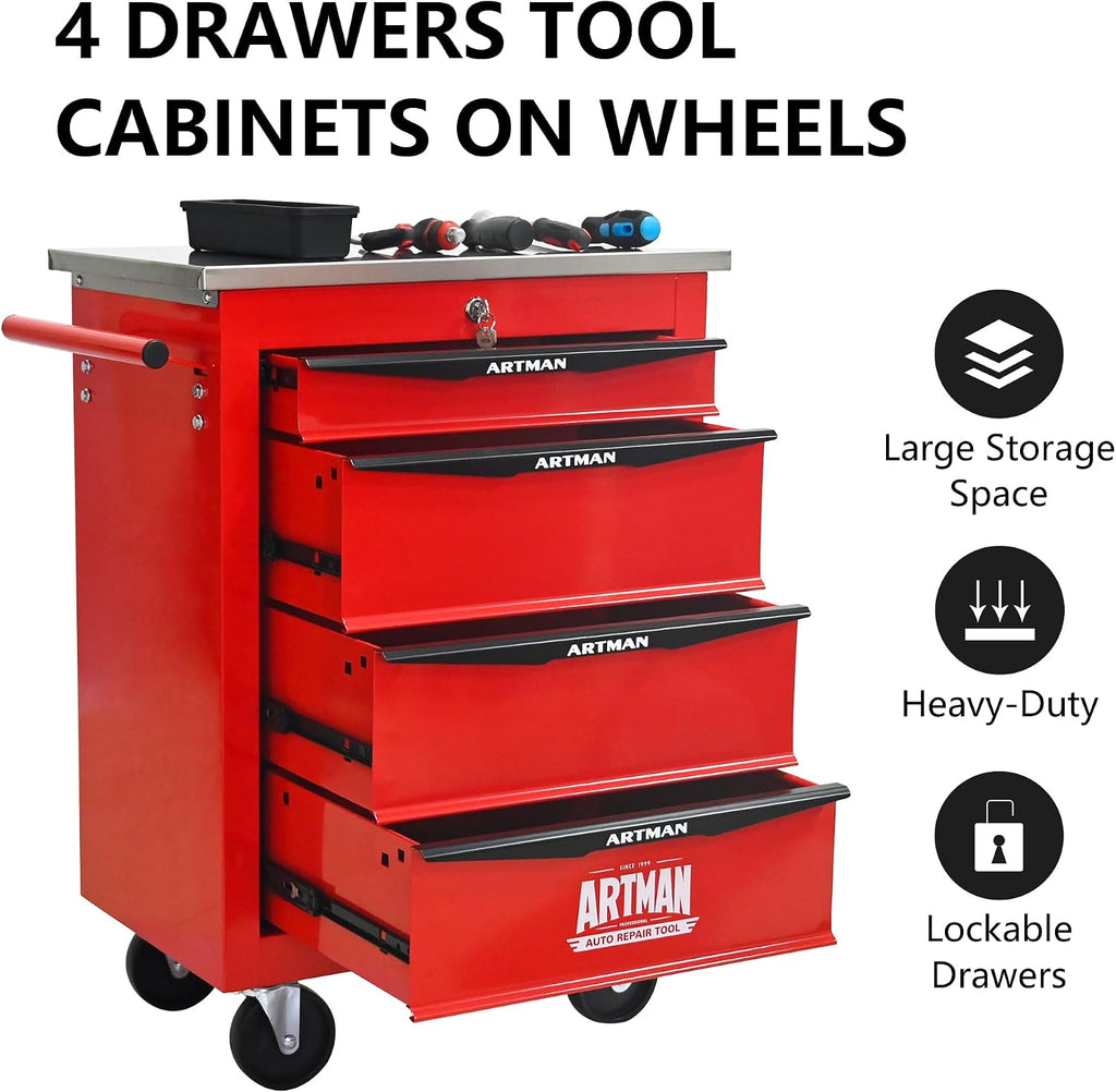 RYH 4/5/6/7 Drawers Rolling Tool Chest -Heavy Duty Mobile Metal Tool Box with Locking Wheels, with Stainless Steel Worktop, Garage Tool Storage Cabinet (Red, 4-Drawers 30.7' H×22.2' W)