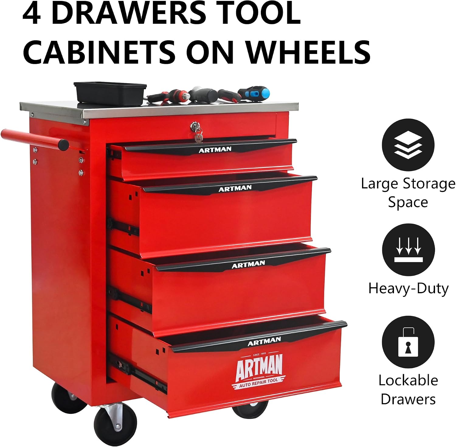 RYH 4/5/6/7 Drawers Rolling Tool Chest -Heavy Duty Mobile Metal Tool Box with Locking Wheels, with Stainless Steel Worktop, Garage Tool Storage Cabinet (Red, 4-Drawers 30.7' H×22.2' W)