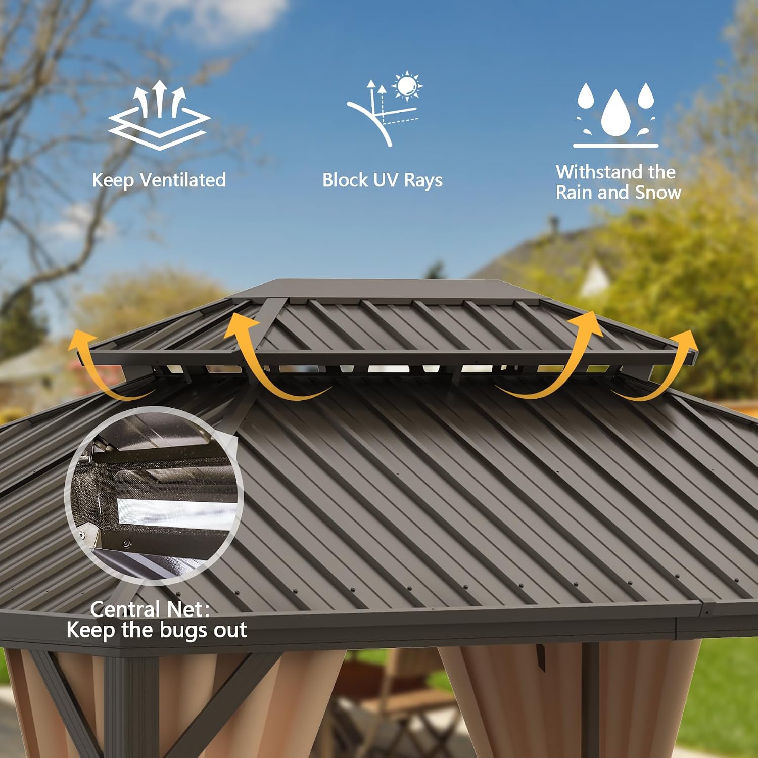 Domi 12x16FT Outdoor Gazebo, Patio Gazebo with Galvanized Steel, Hardtop Gazbo for Patio, Deck, Backyard, Curtain and Netting Included