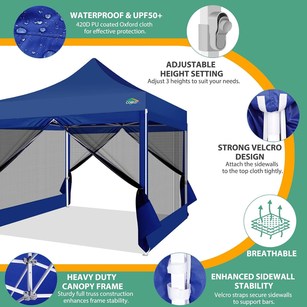 COBIZI 10x10 Canopy Tent with 4 Sidewalls,Heavy Duty Pop up Canopy with Mosquito Netting,Easy up Screen Tent for Parties Wedding Outdoor Camping with Handbag,Deep Blue