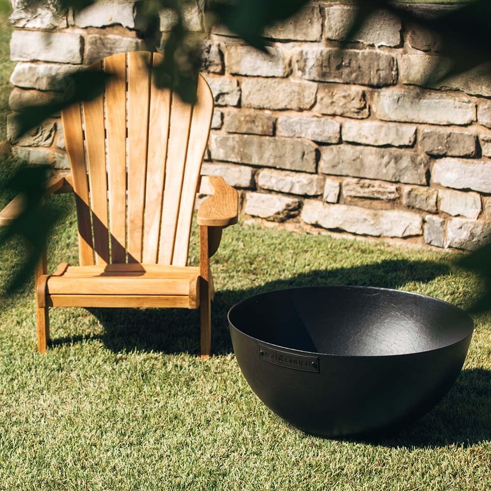 Ash & Ember 29' Hemisphere Fire Pit, Wood Burning Outdoor Fire Bowl, High-Temp Black Paint Over Cast Iron, Half-Sphere Outside Fireplace with Flanged Edge and Stable Base