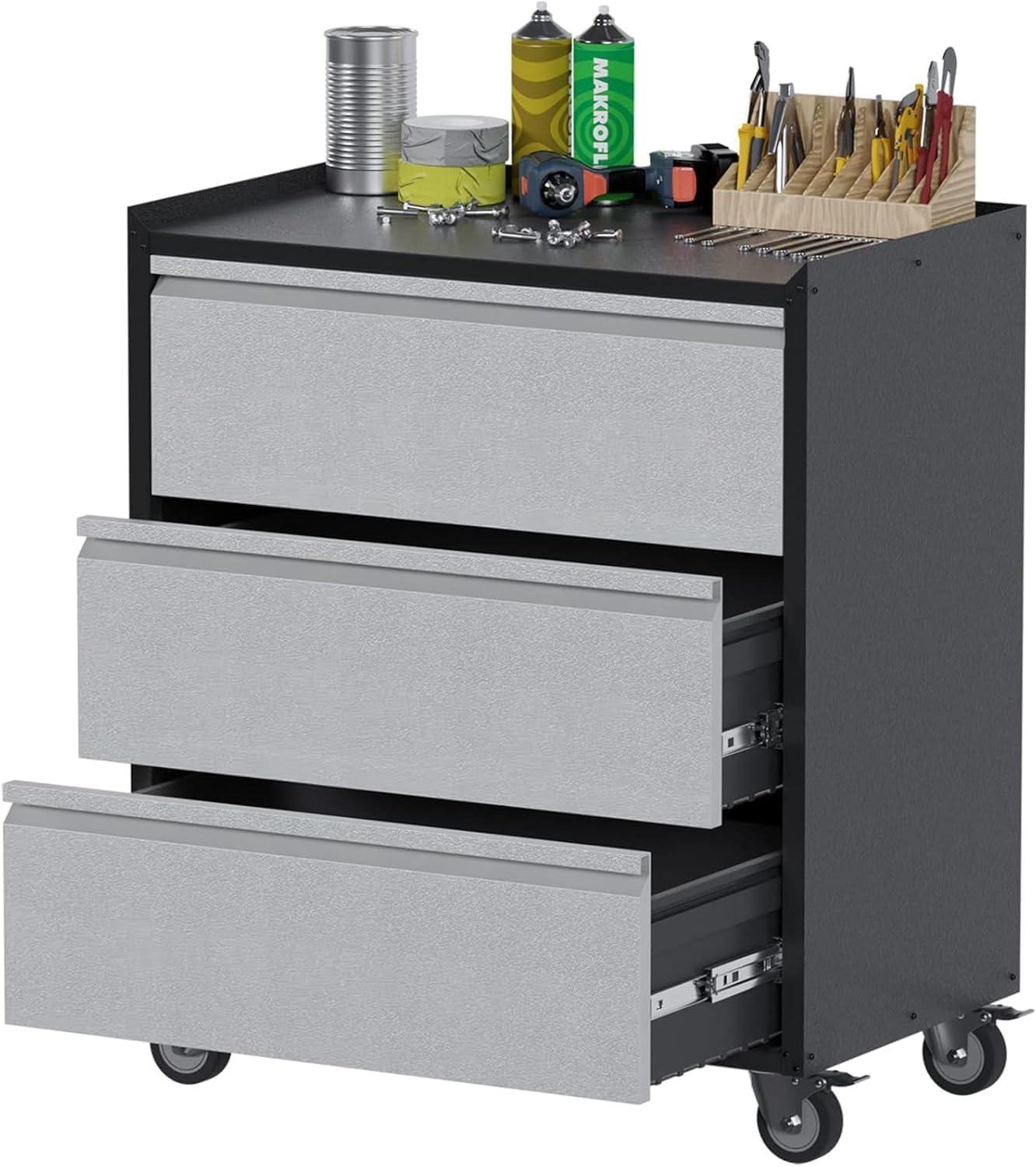 Metal Storage Cabinet with 3 Drawers on Wheels, Heavy Duty Rolling Tool Cart, Mobile Tool Chest for Garage, Workshop, Home, Office, Warehouse, Gray