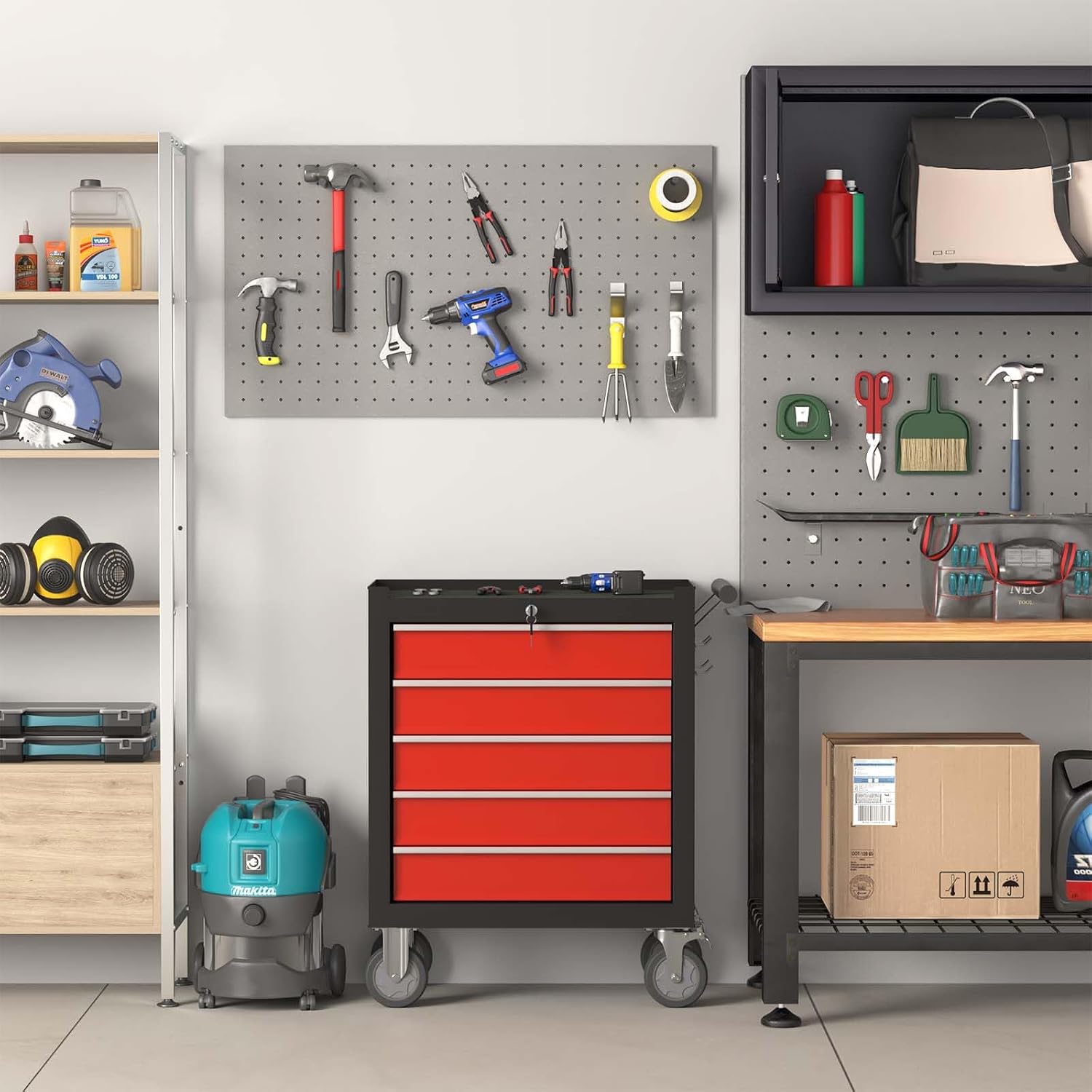5-Drawer Tool Chest, Rolling Tool Box with Wheels, High Capacity Detachable Mobile Tool Storage Cabinet for Workshop, Garage, Mechanics and Repair Room (BlackRed, 5-Drawer)