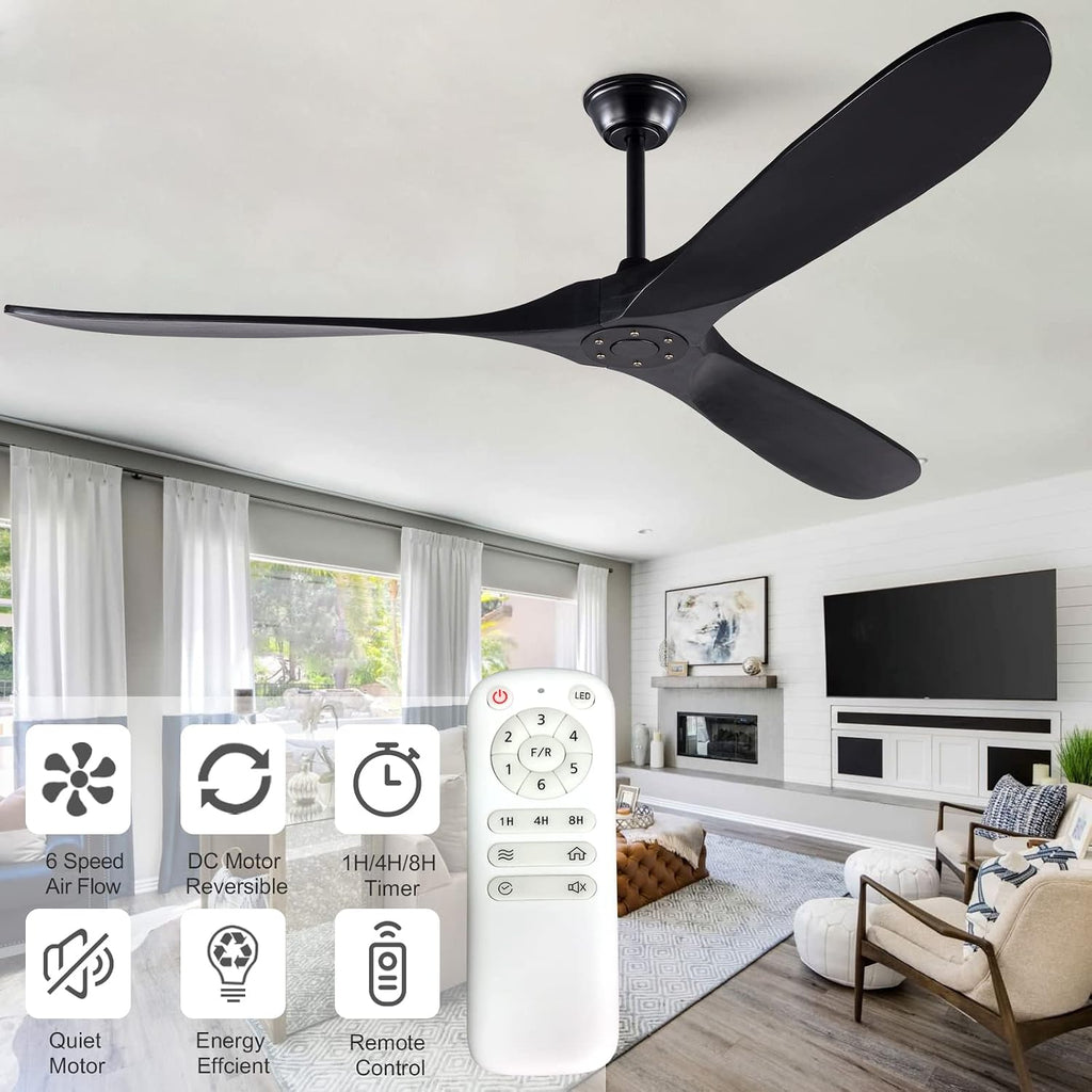 KBZZ 72 inch Modern Ceiling Fan, Wood Blades, Remote Control, Indoor Outdoor, Reversible DC Motor, 30 Decibels, 45W, 3 Speeds, 6 Timer Settings, for Living Room, Bedroom, Patio, Gazebo