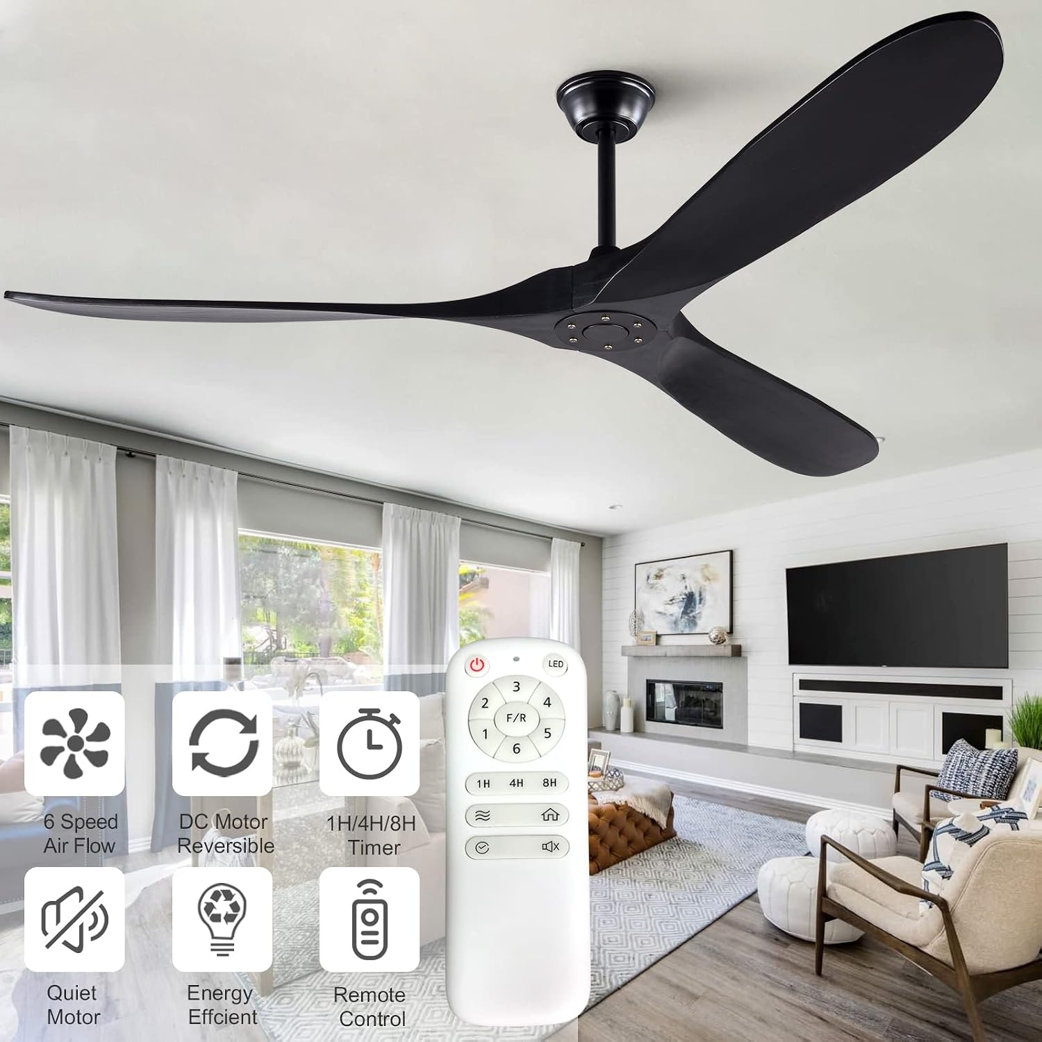 KBZZ 72 inch Modern Ceiling Fan, Wood Blades, Remote Control, Indoor Outdoor, Reversible DC Motor, 30 Decibels, 45W, 3 Speeds, 6 Timer Settings, for Living Room, Bedroom, Patio, Gazebo