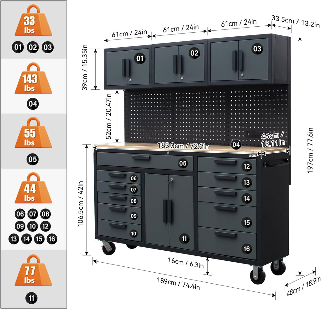 72in Rolling Tool Chest Cabinet, 2PCS Mobile Garage Workbench Heavy-Duty Tool Cabinet on Wheels with 11 Drawers, 2-Door Cabinet, 3 Top Cabinet, Pegboard & Power Strip for Tool Organization
