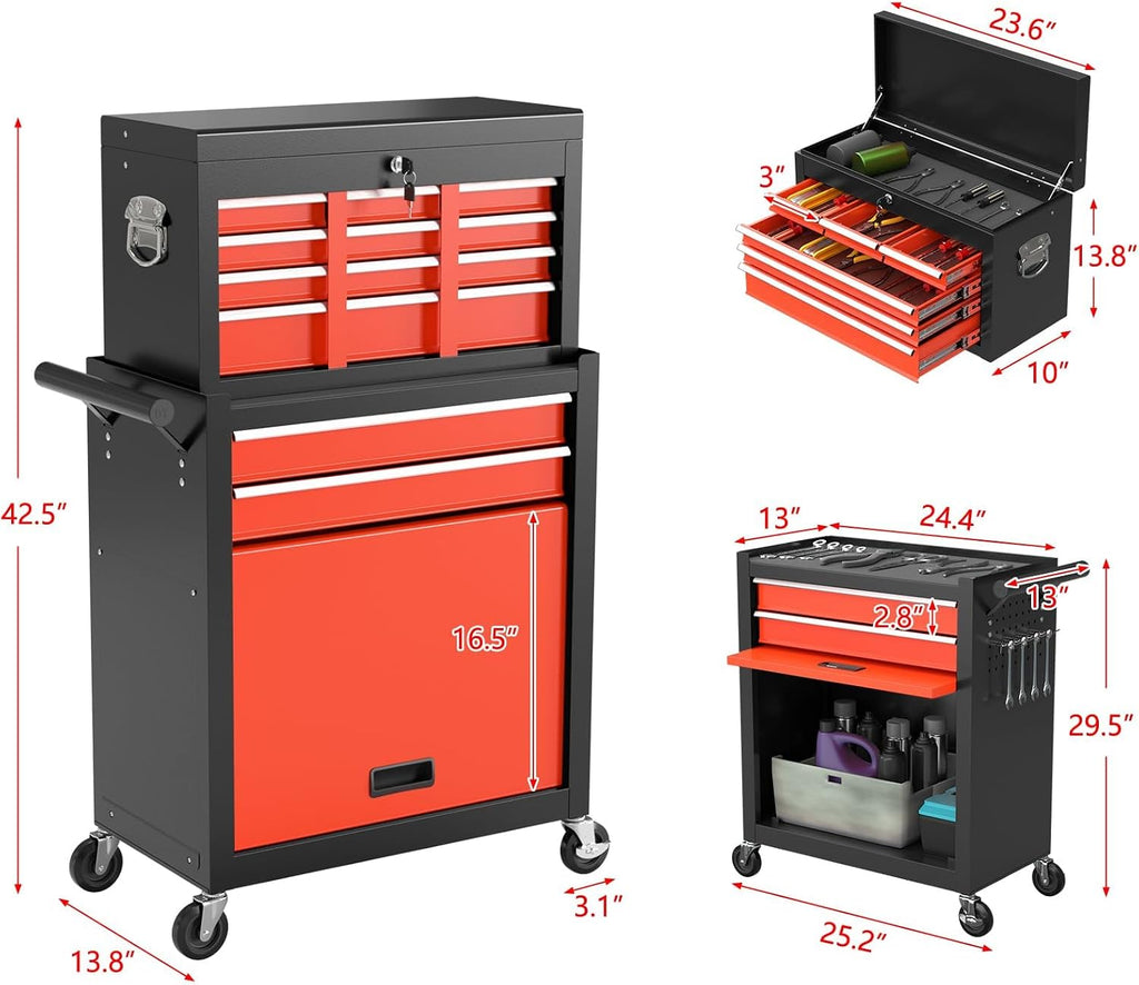 High Capacity Rolling Tool Boxes with Wheels and Drawers, 8-Drawer Storage Cabinet, Detachable Organizer Combo, Mobile Lockable Toolbox for Workshop Tool Room and Garage (BlackRed)