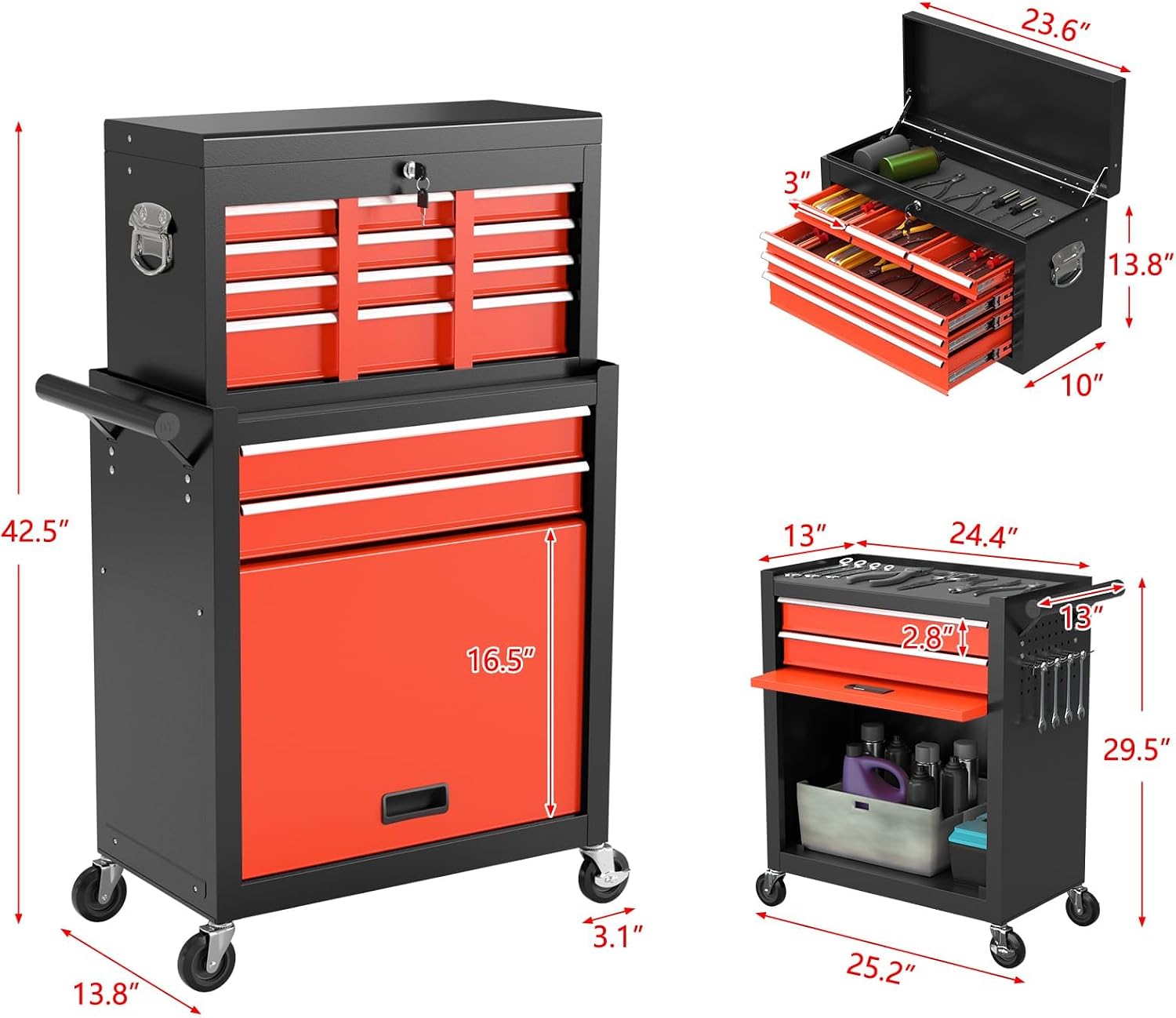 High Capacity Rolling Tool Boxes with Wheels and Drawers, 8-Drawer Storage Cabinet, Detachable Organizer Combo, Mobile Lockable Toolbox for Workshop Tool Room and Garage (BlackRed)