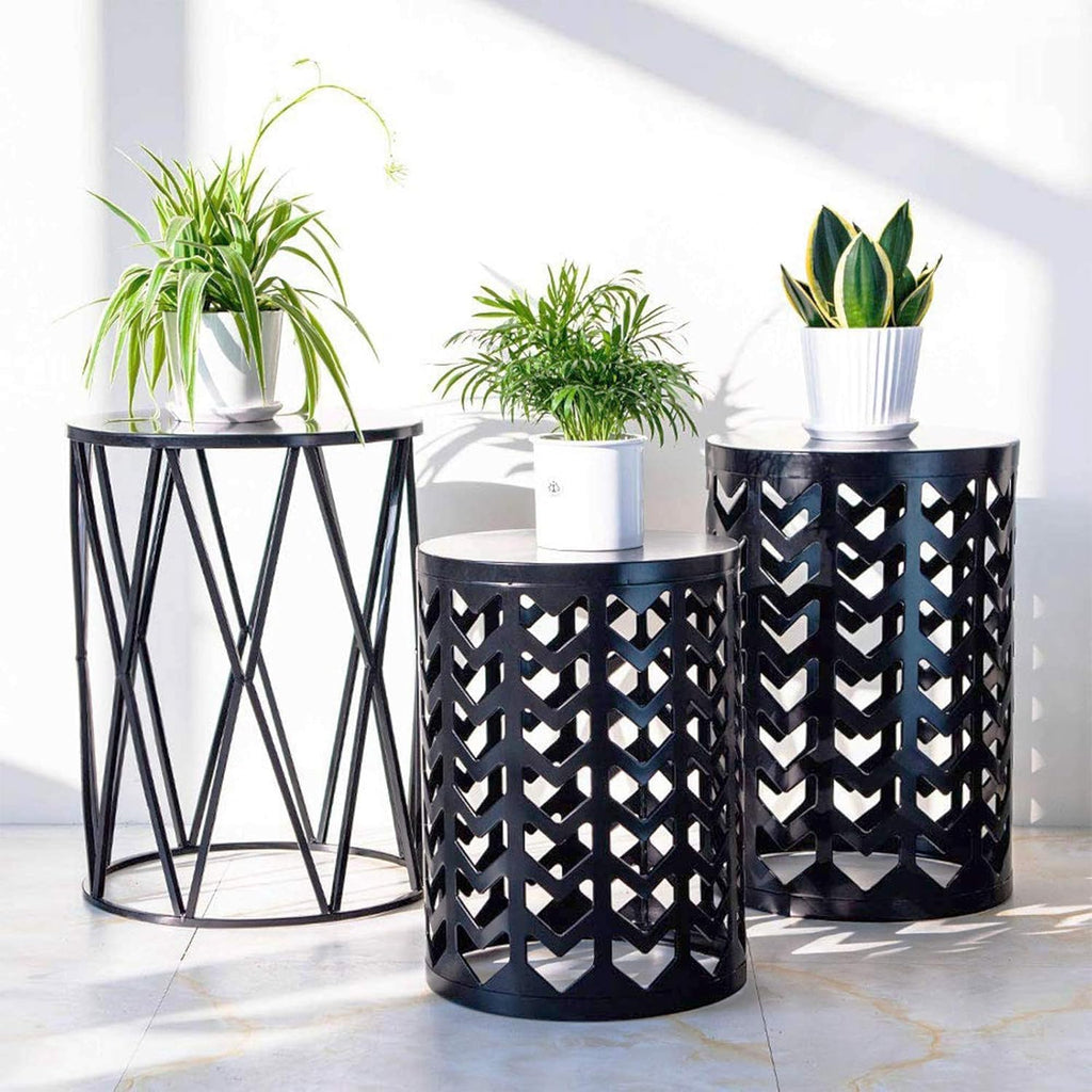 Y&M Set of 3 Black End Tables, Nesting Metal Round Coffee Table, Heavy Duty Meta Plant Stand Decorative Garden Stool, Outdoor Multifunctional Use