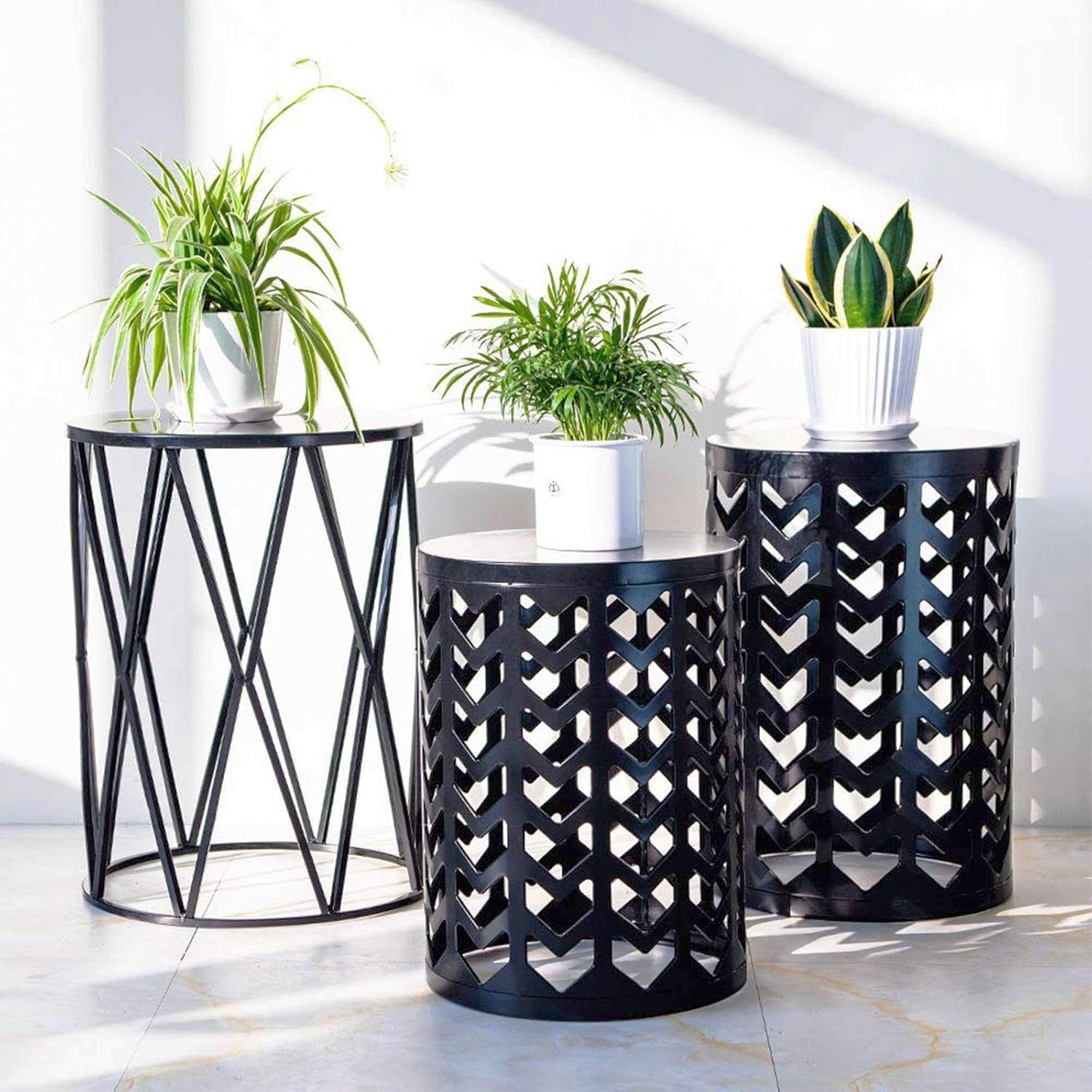 Y&M Set of 3 Black End Tables, Nesting Metal Round Coffee Table, Heavy Duty Meta Plant Stand Decorative Garden Stool, Outdoor Multifunctional Use