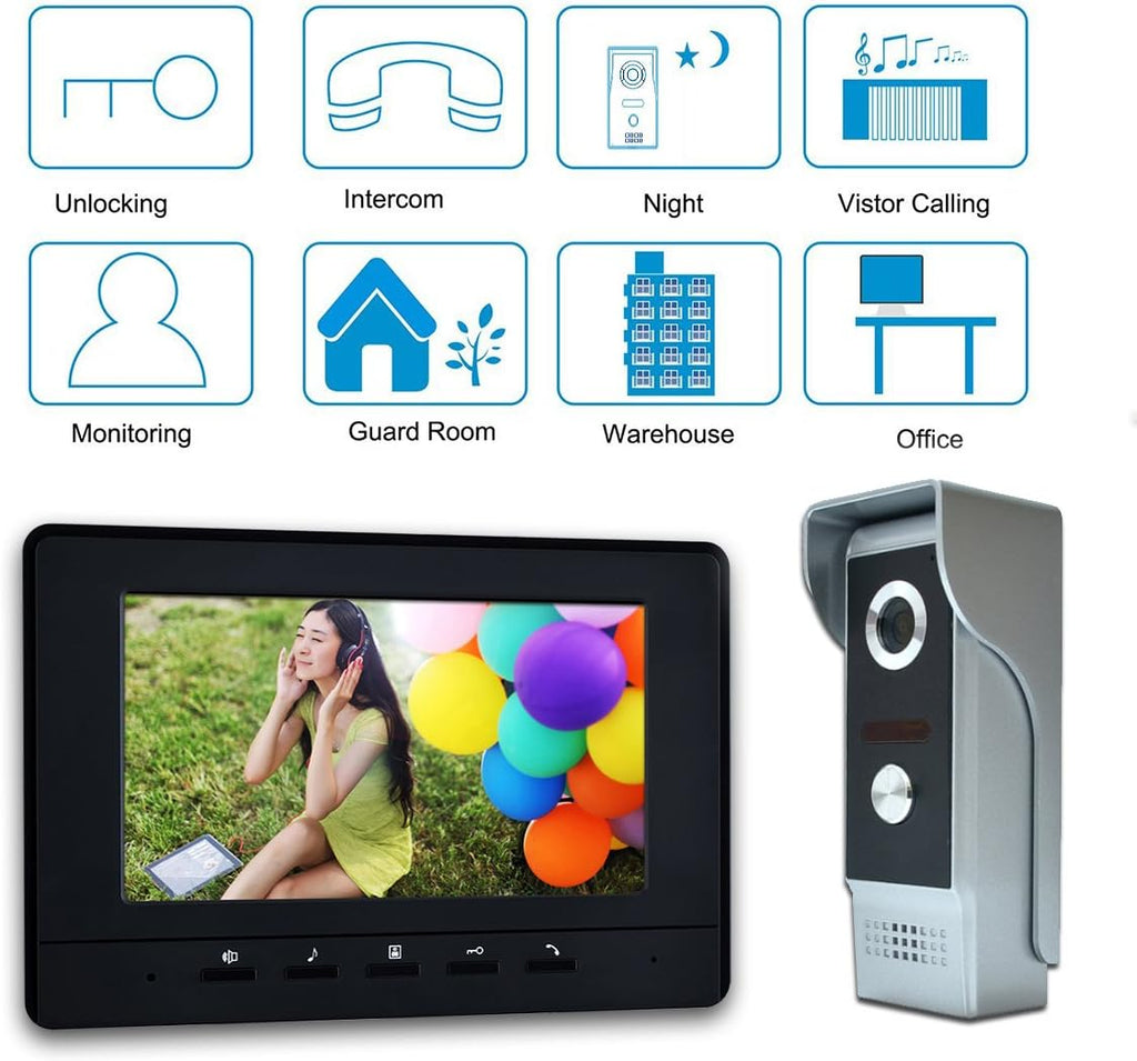 Video Intercom System, 7 Inches Video Doorbell Door Phone System, Wired Video Door Phone HD Camera Kits Dual-Way Intercom for Villa House Office Apartment 1-IR Camera 2-LCD Color Monitor