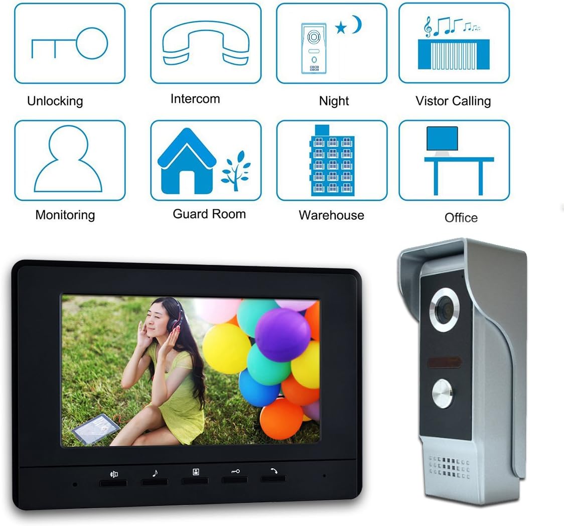 Video Intercom System, 7 Inches Video Doorbell Door Phone System, Wired Video Door Phone HD Camera Kits Dual-Way Intercom for Villa House Office Apartment 1-IR Camera 2-LCD Color Monitor