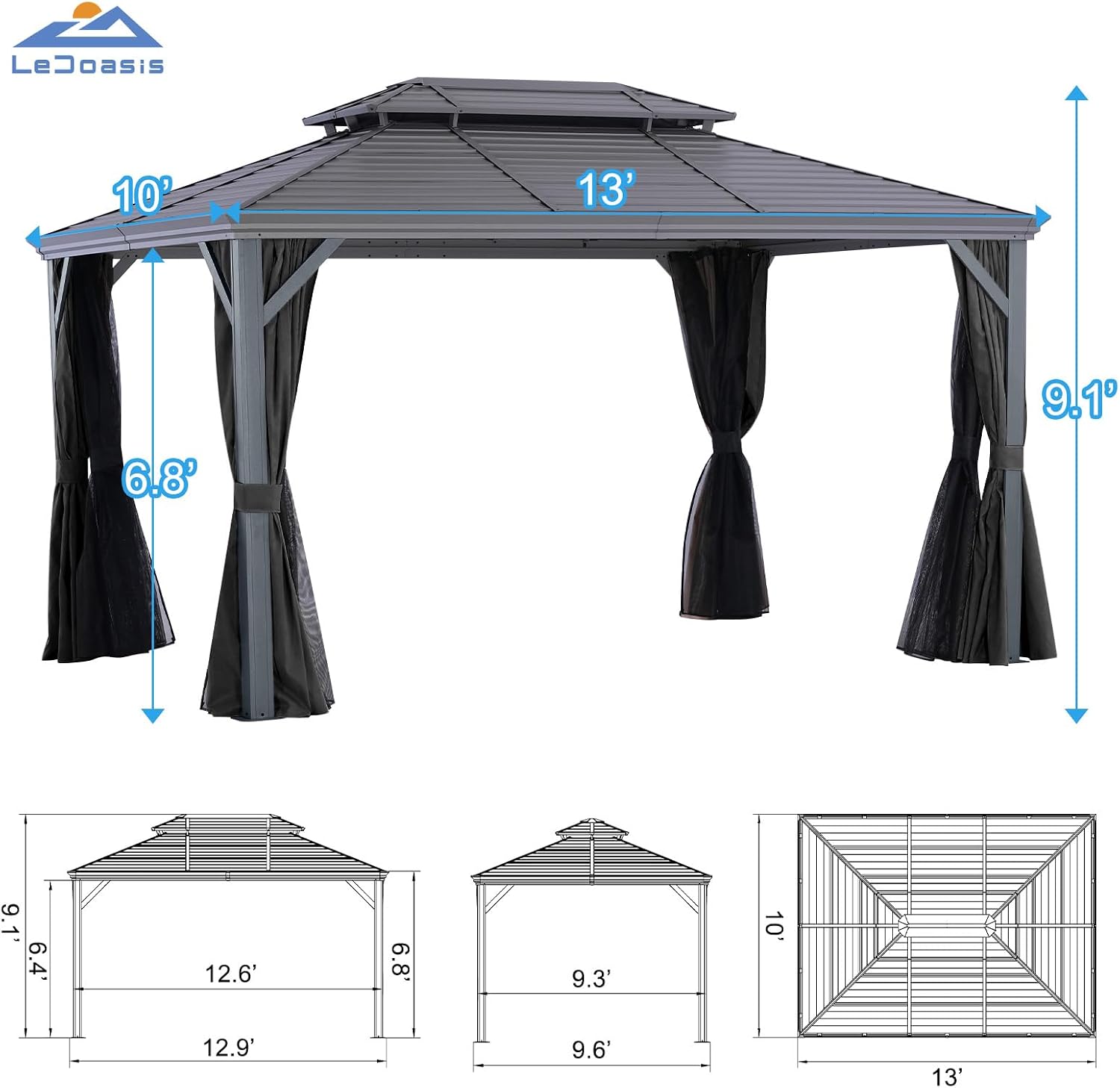 LeDoasis Nova 10' X 13' Hardtop Gazebo, Aluminum Frame Canopy, Double Galvanized Steel Outdoor Gazebo with Netting and Curtains, for Garden,Patio,Lawns,Parties