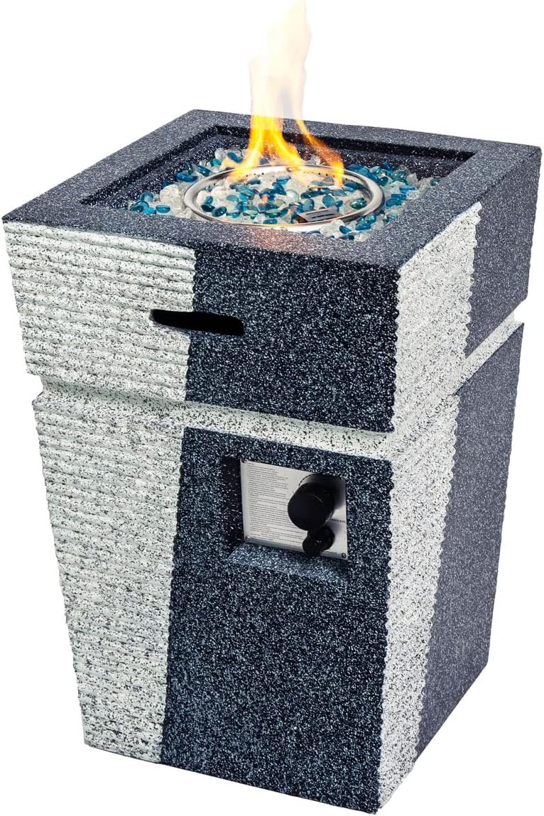 20' Outdoor Propane Gas Fire Pit Table, 40,000 BTU Auto-Ignition Concrete Gas Firepit, Magnesium Oxide Cylinder Design, Side Handles and Cover, Mix Color Glass Rocks